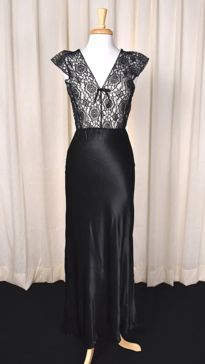 1950s Black Sheer Top Lace Nightgown