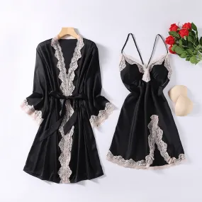 2 Pcs Satin Women's Nightgown Robe V-Neck Sleepwear Set - D215 Black