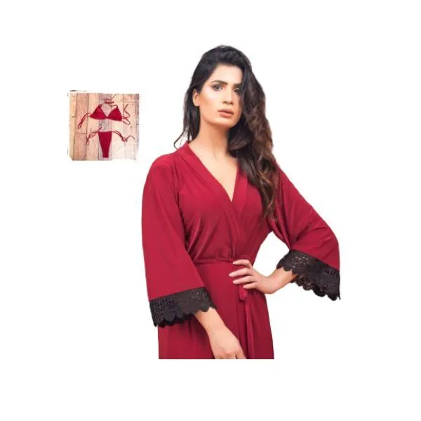 3Pc Luxury Bridal Long Night Gown Set-Maroon