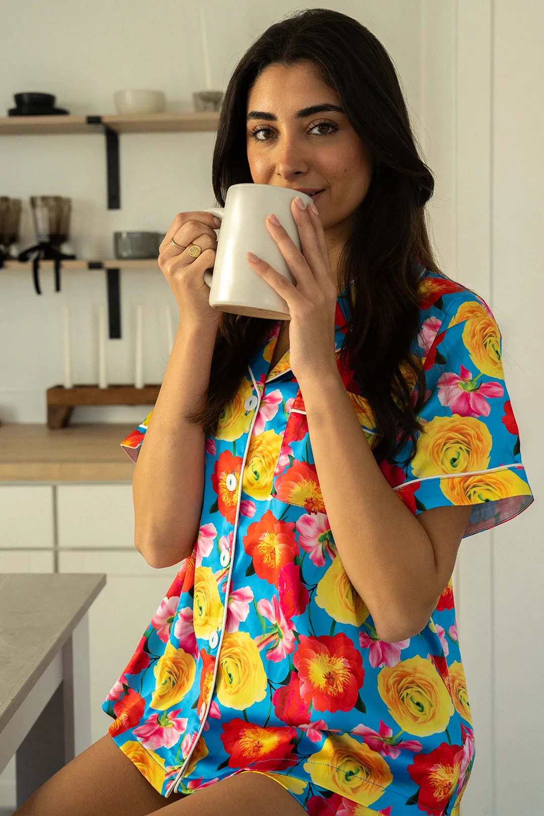 Blue Floral Satin Pajamas