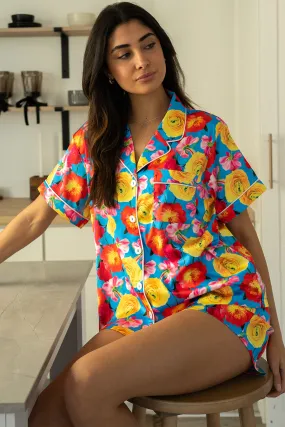 Blue Floral Satin Pajamas