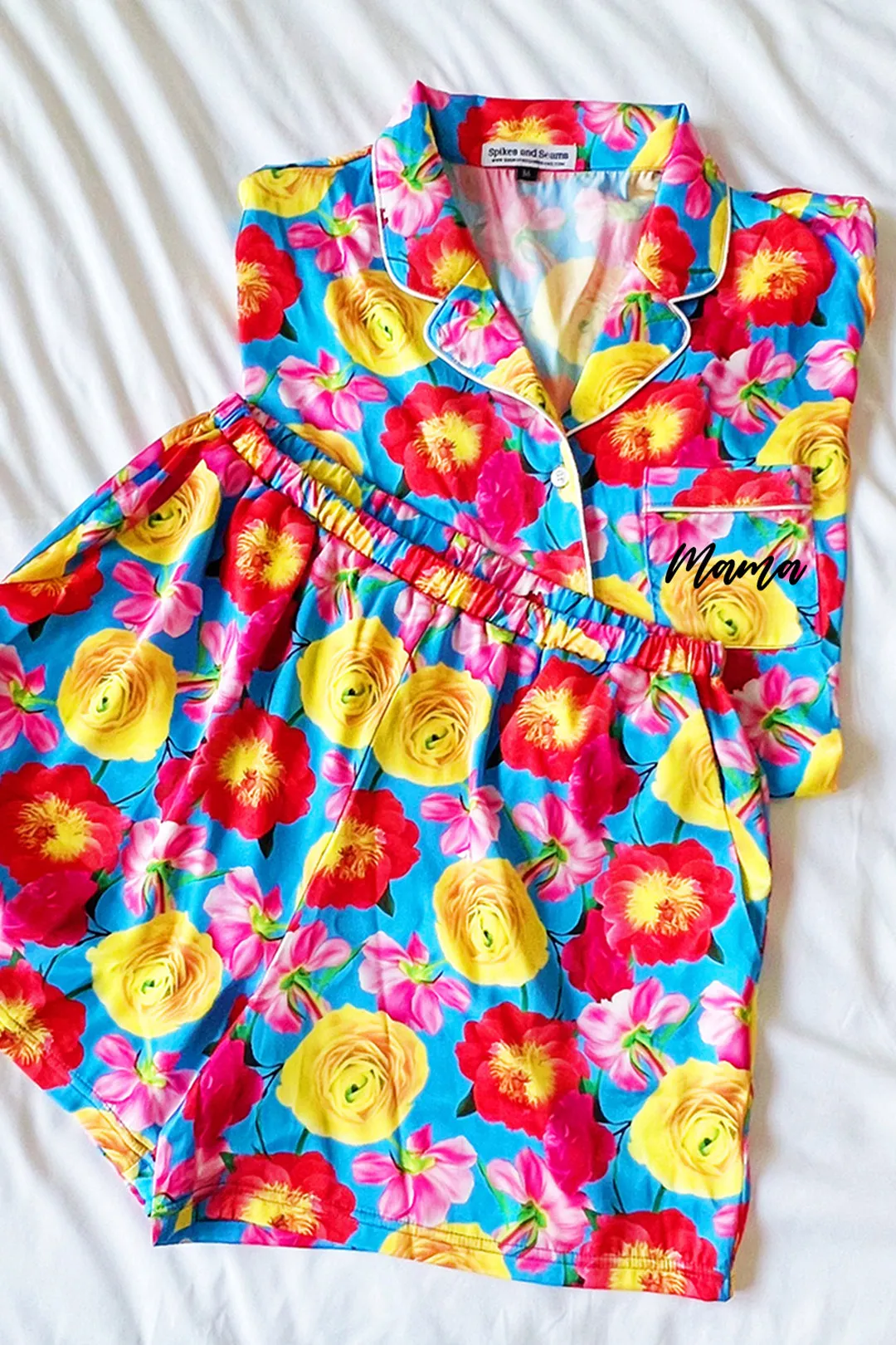 Blue Floral Satin Pajamas