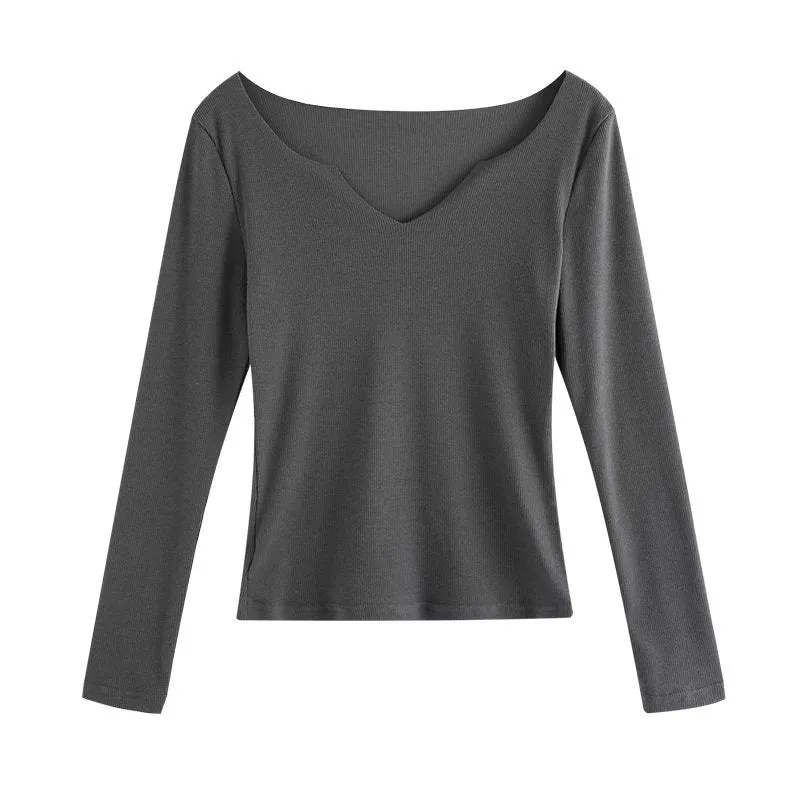 Chest Open Long Sleeve T-shirt Autumn Elegant Slim V-neck Pullover Solid Color Underwear Top Women