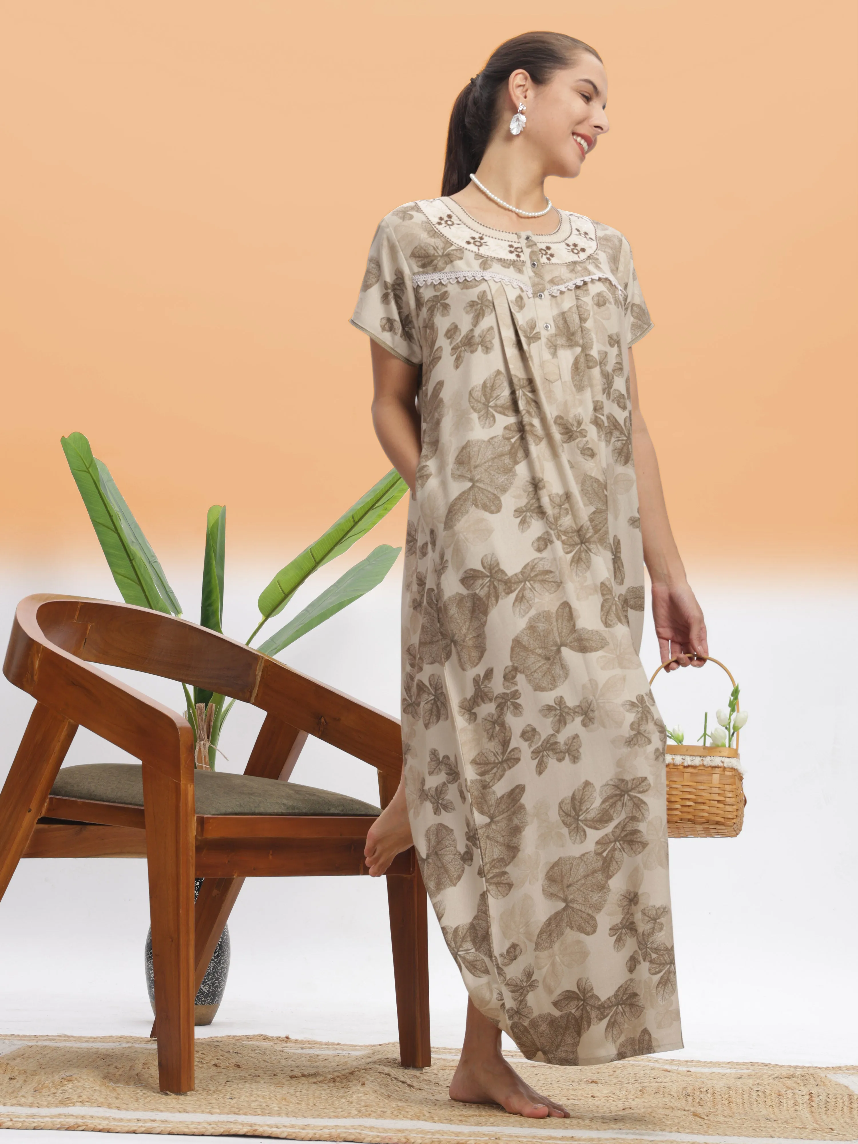 Chic Beige Leaf Alpine Maxi Nighty - Designer Sleepwear