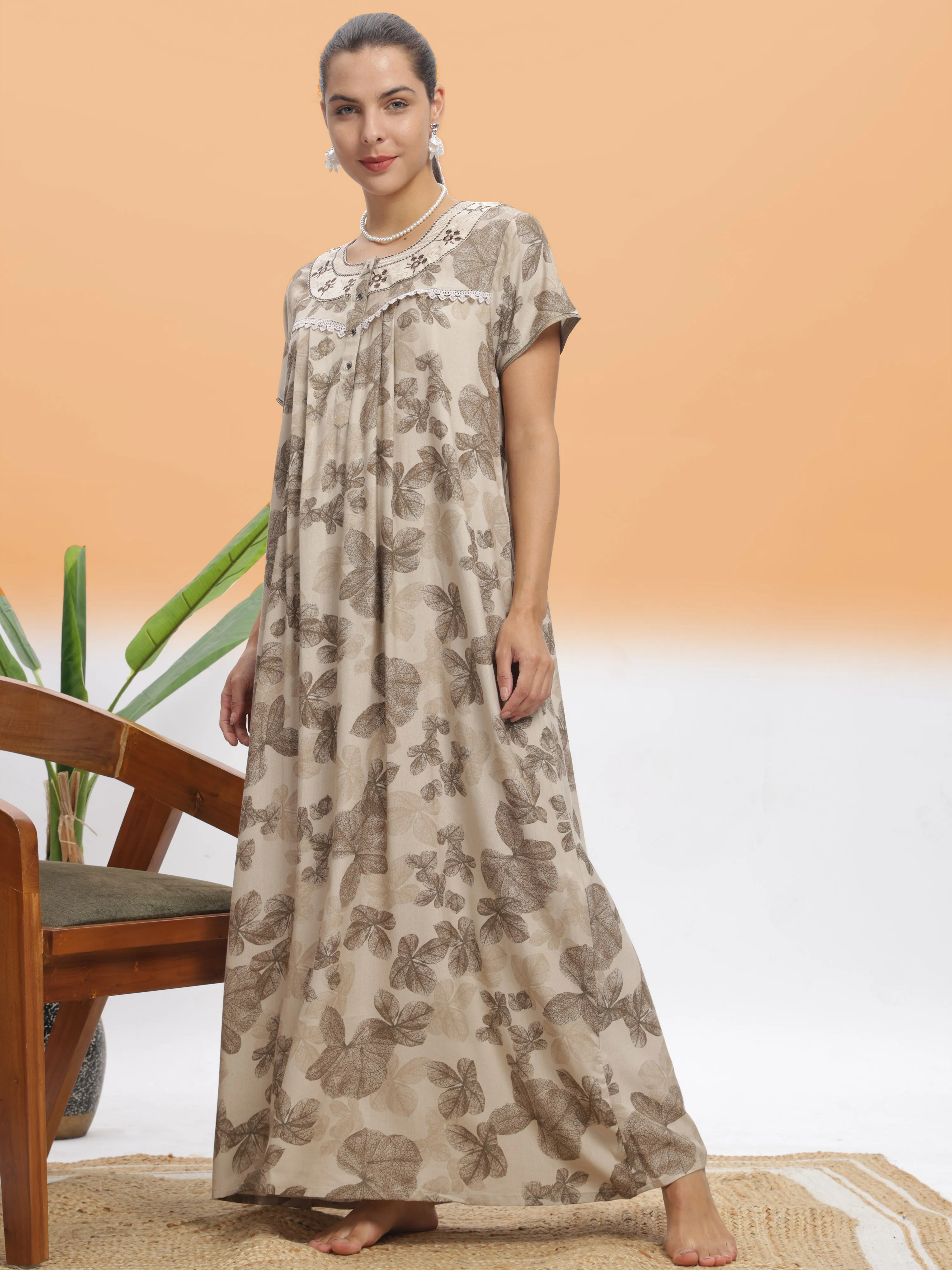 Chic Beige Leaf Alpine Maxi Nighty - Designer Sleepwear