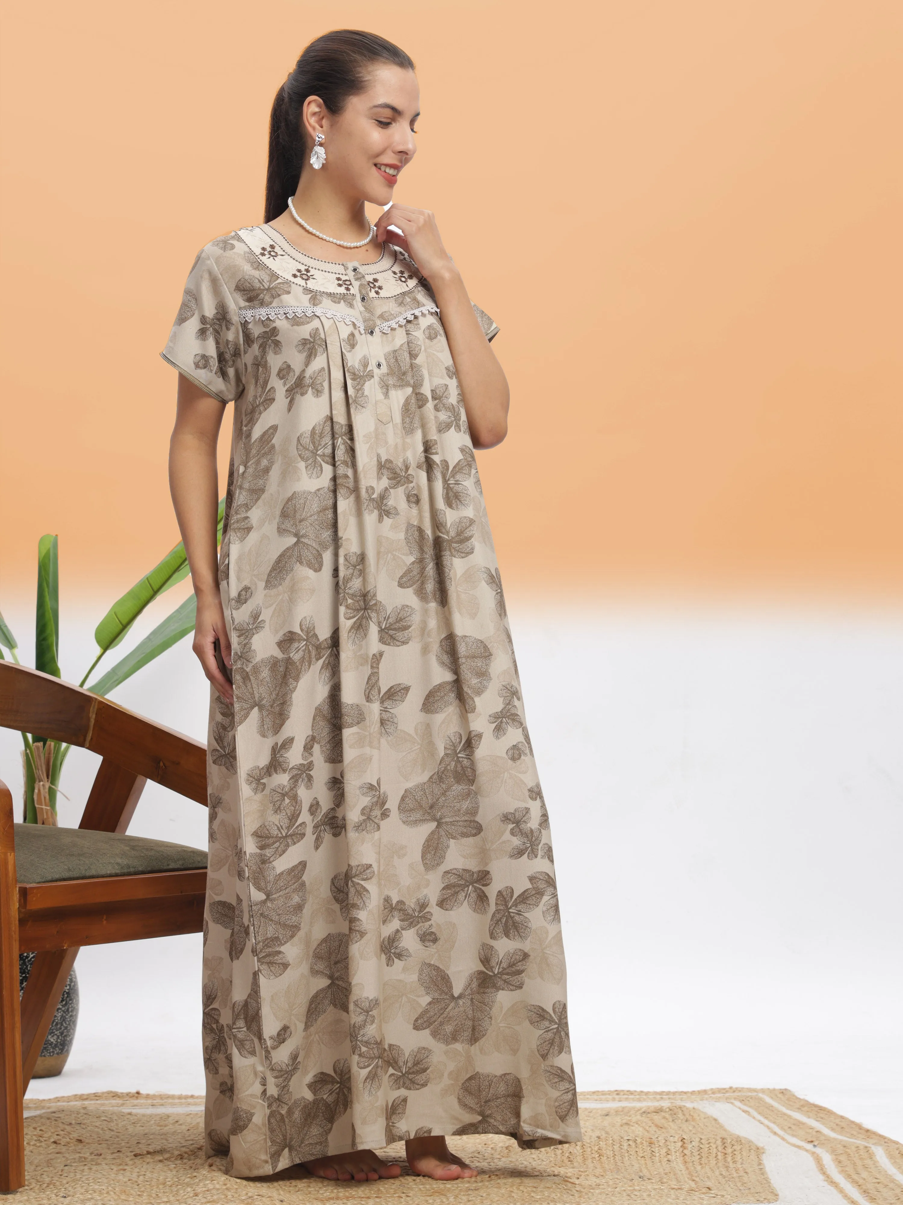 Chic Beige Leaf Alpine Maxi Nighty - Designer Sleepwear