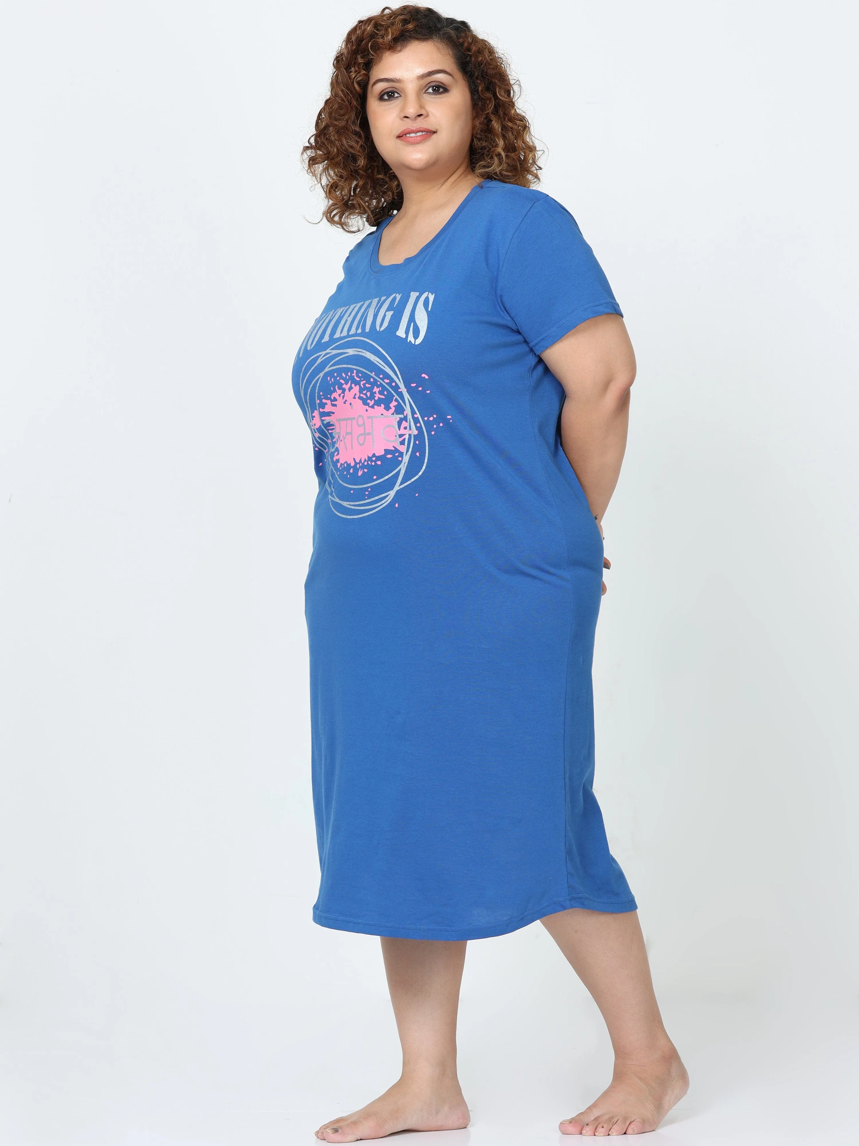 Cobalt Blue Hosiery Cotton Short Nighty Plus Size