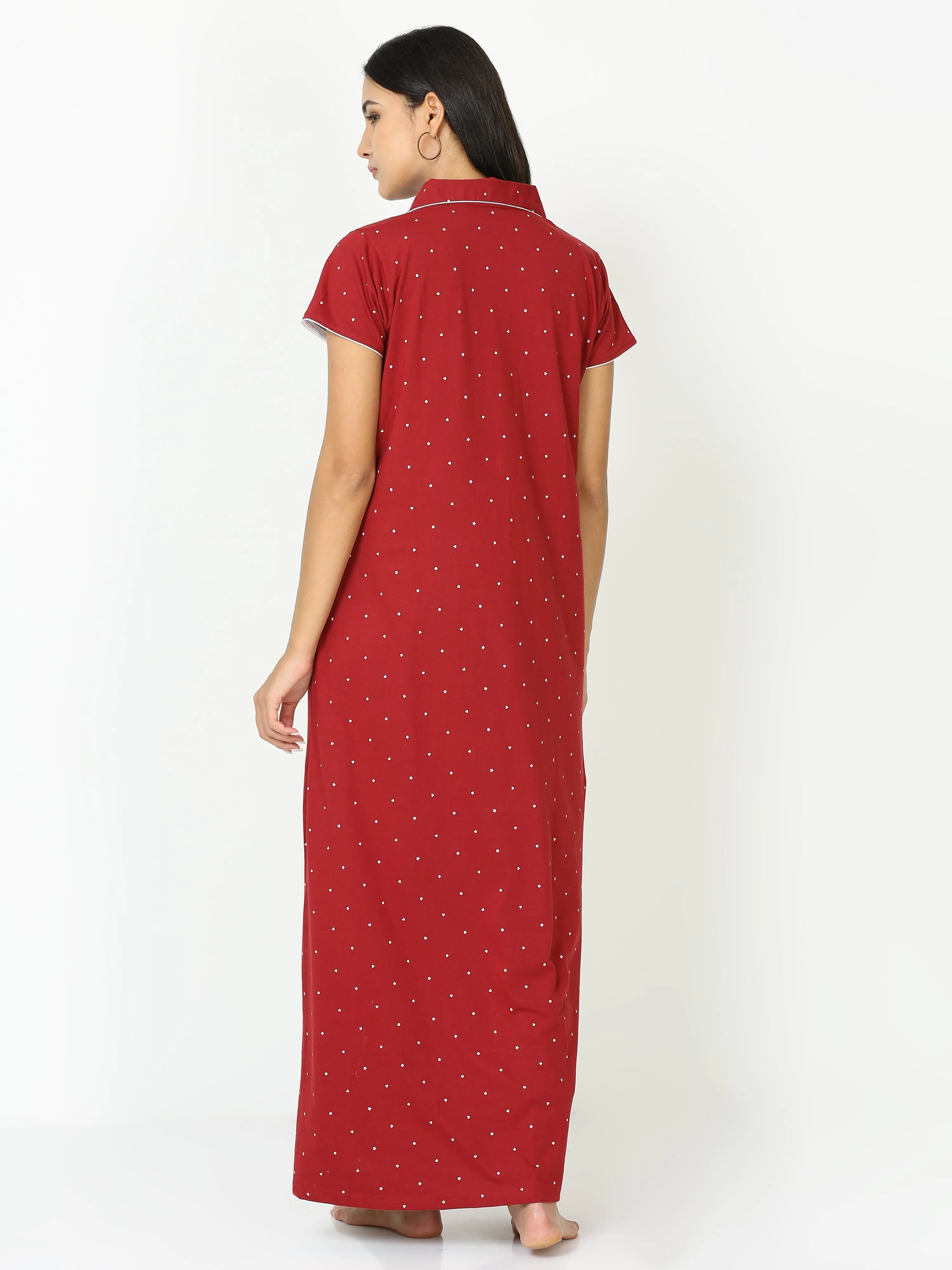 Cotton Blend Collar Nighty Maroon