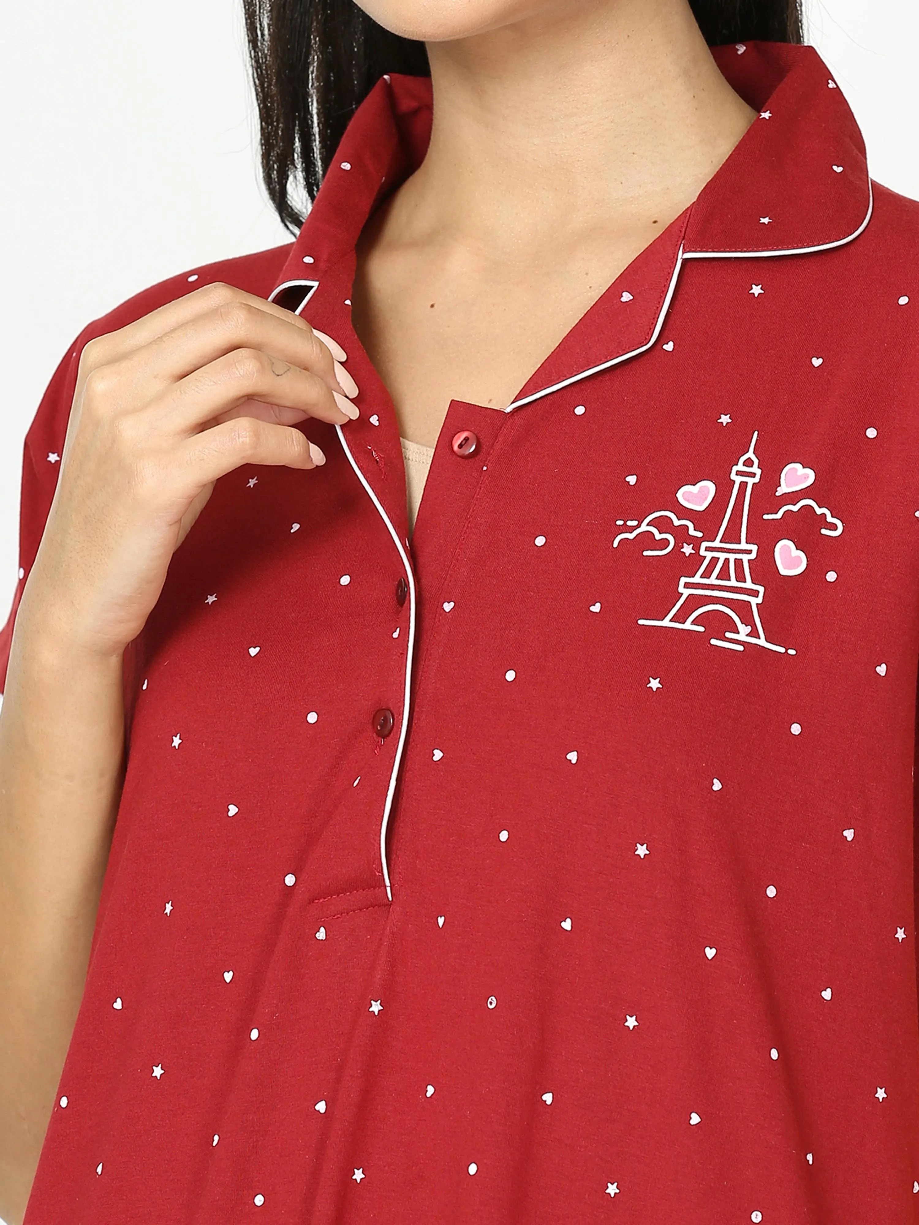 Cotton Blend Collar Nighty Maroon