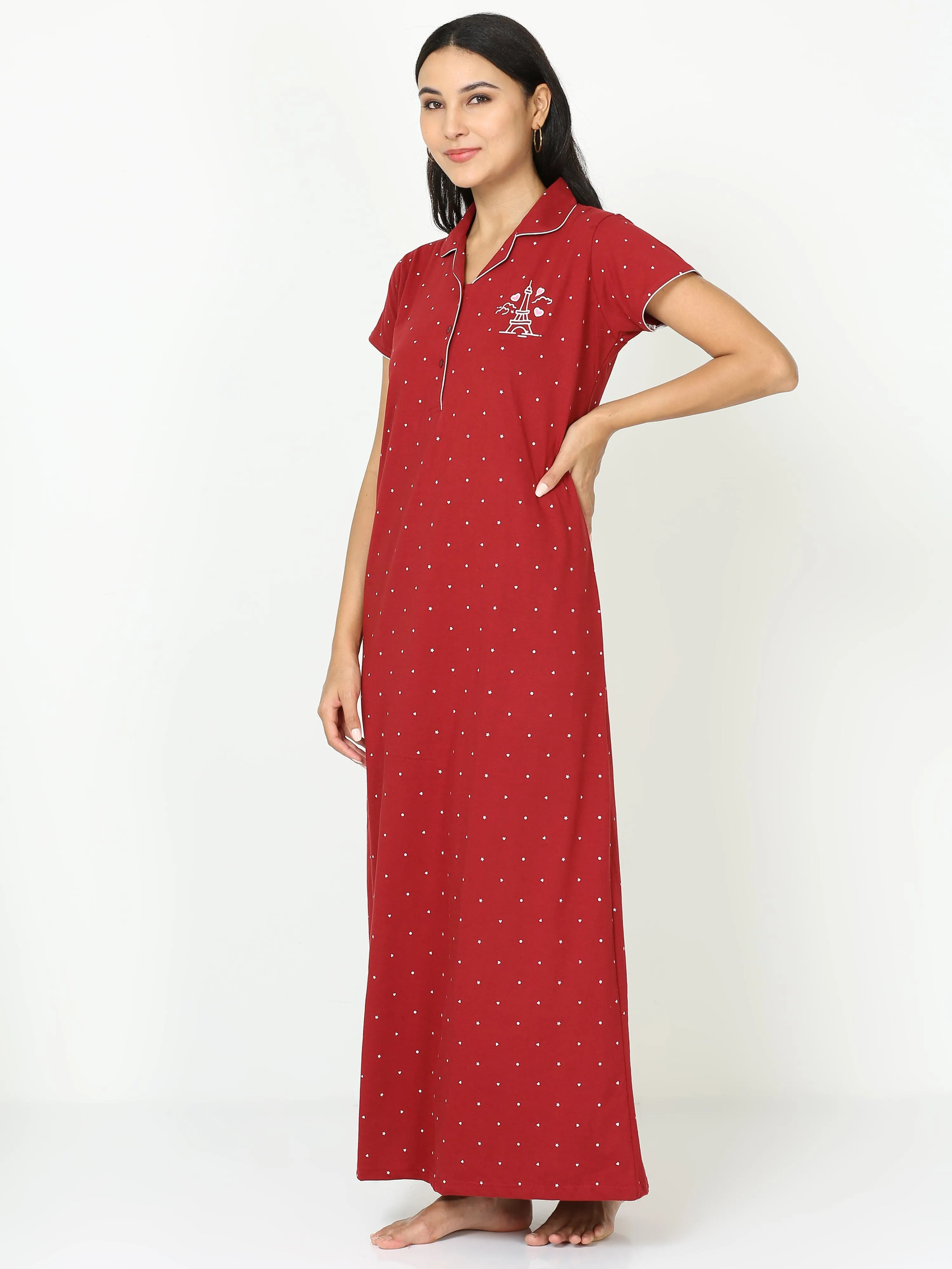 Cotton Blend Collar Nighty Maroon