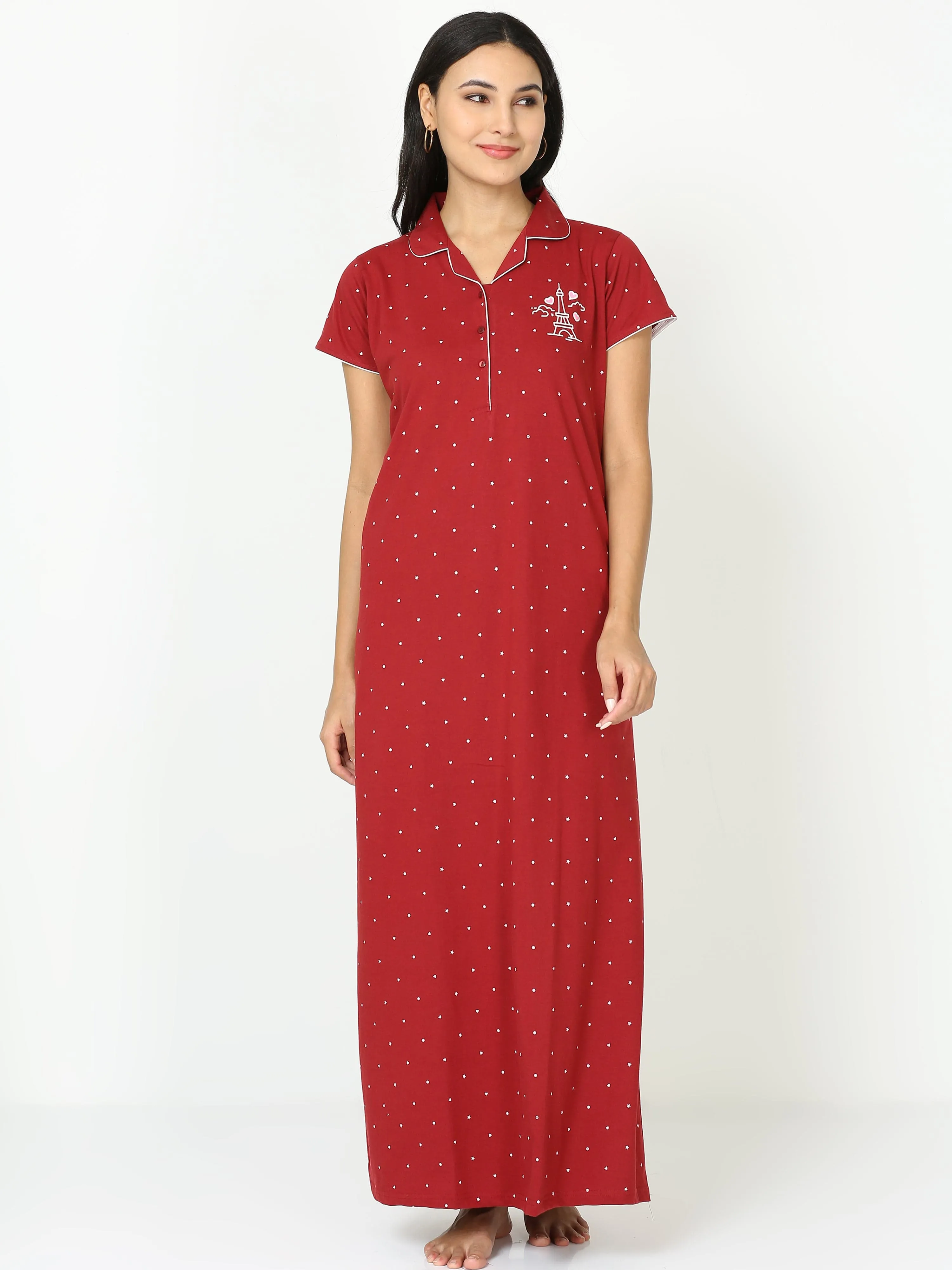 Cotton Blend Collar Nighty Maroon