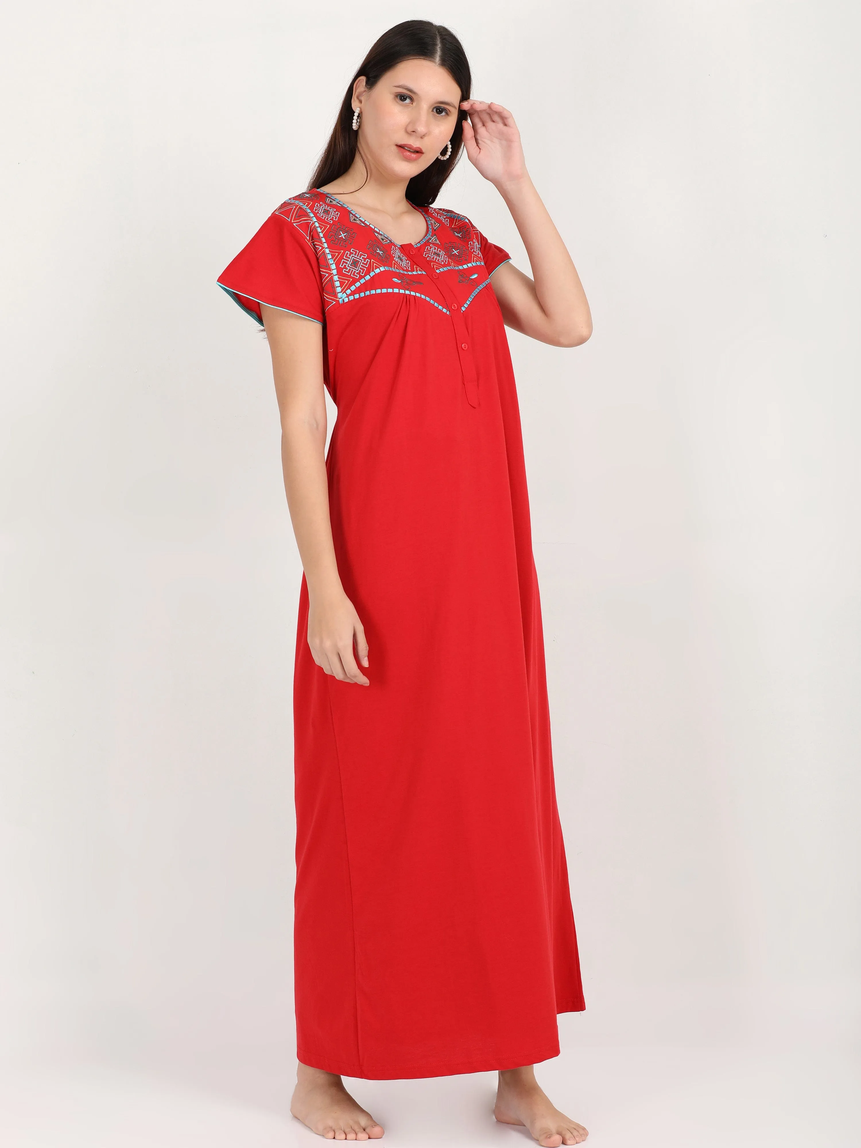 Cotton Blend Designer Deep Red Nighty