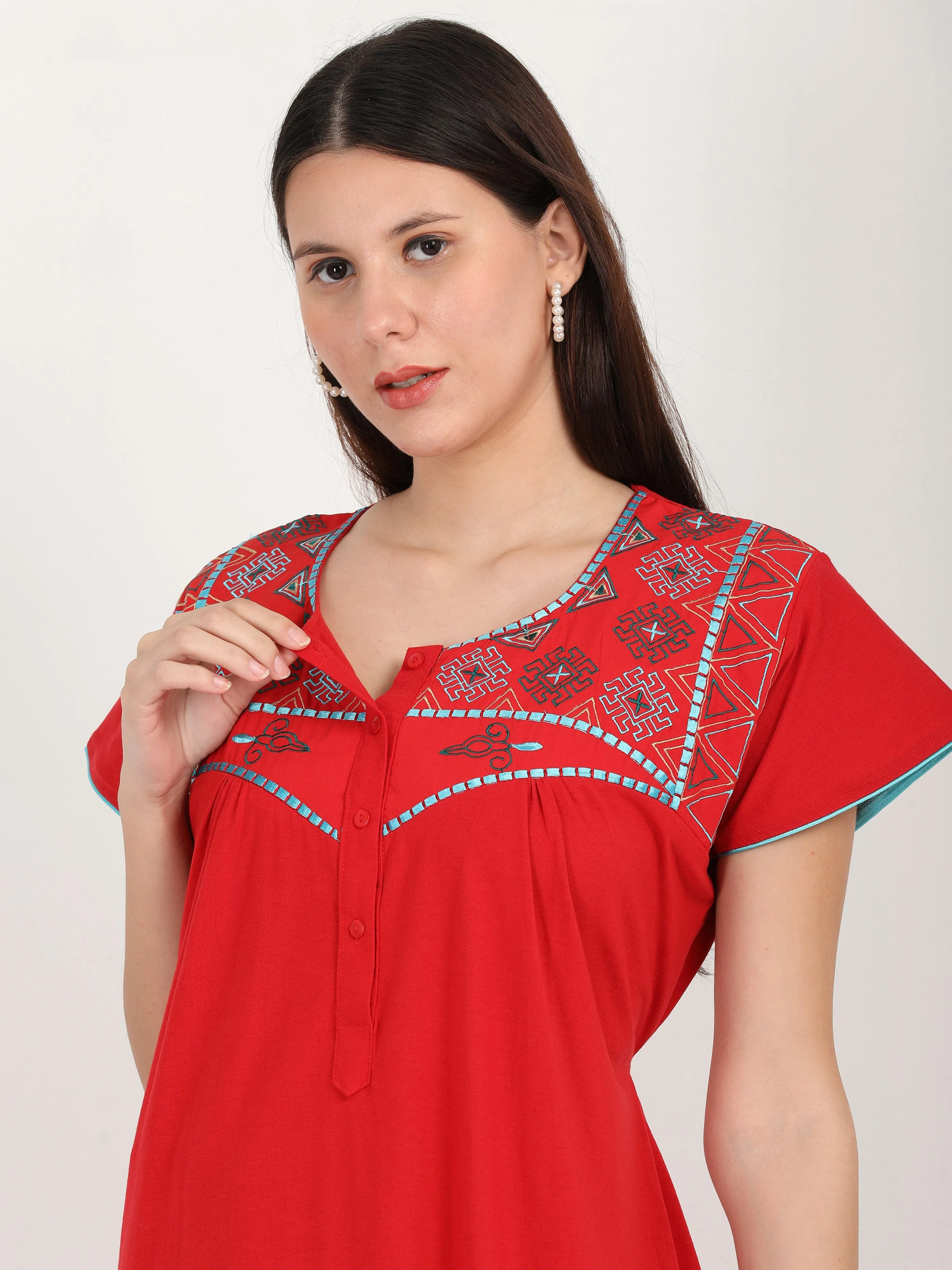 Cotton Blend Designer Deep Red Nighty