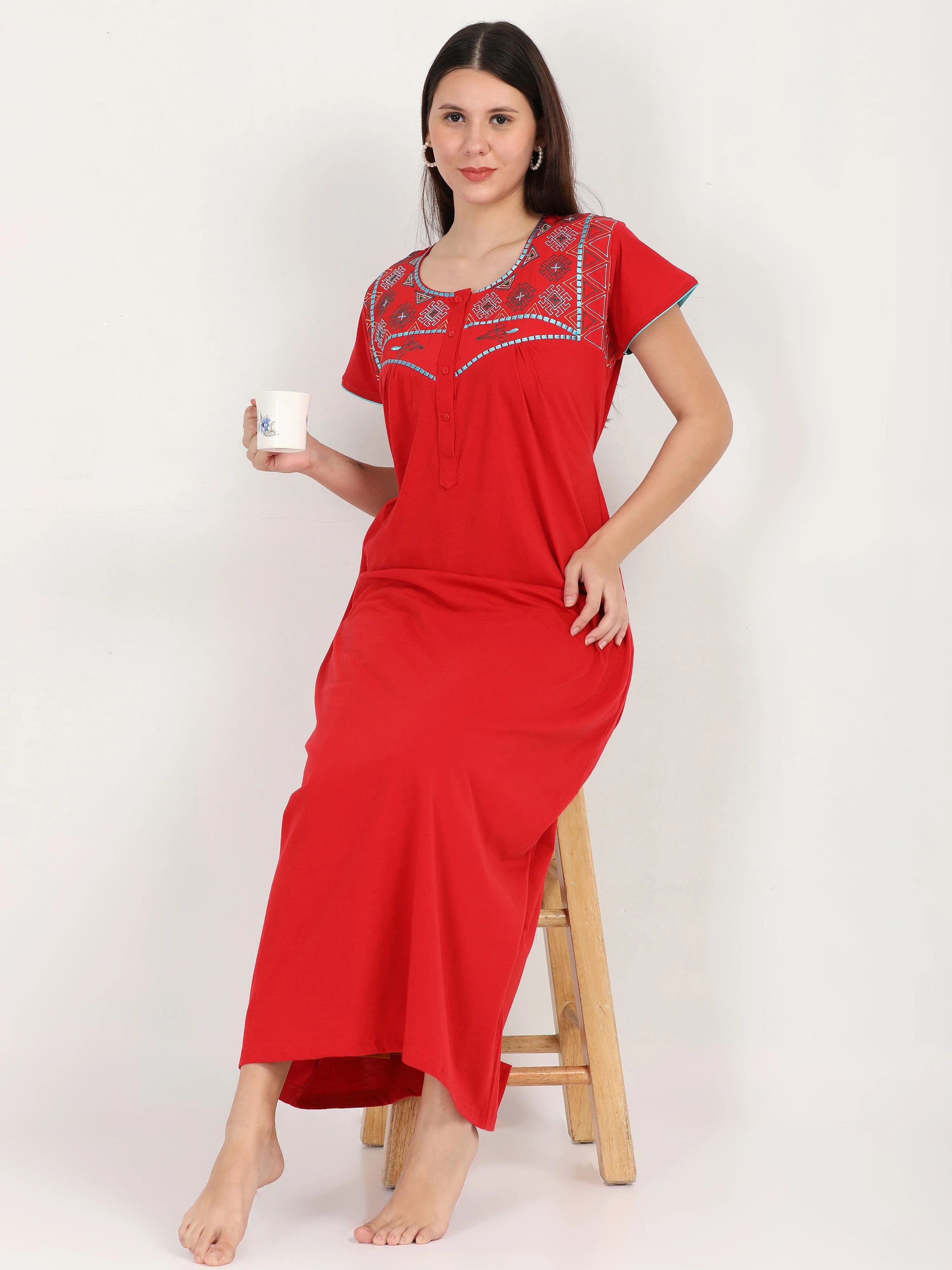 Cotton Blend Designer Deep Red Nighty