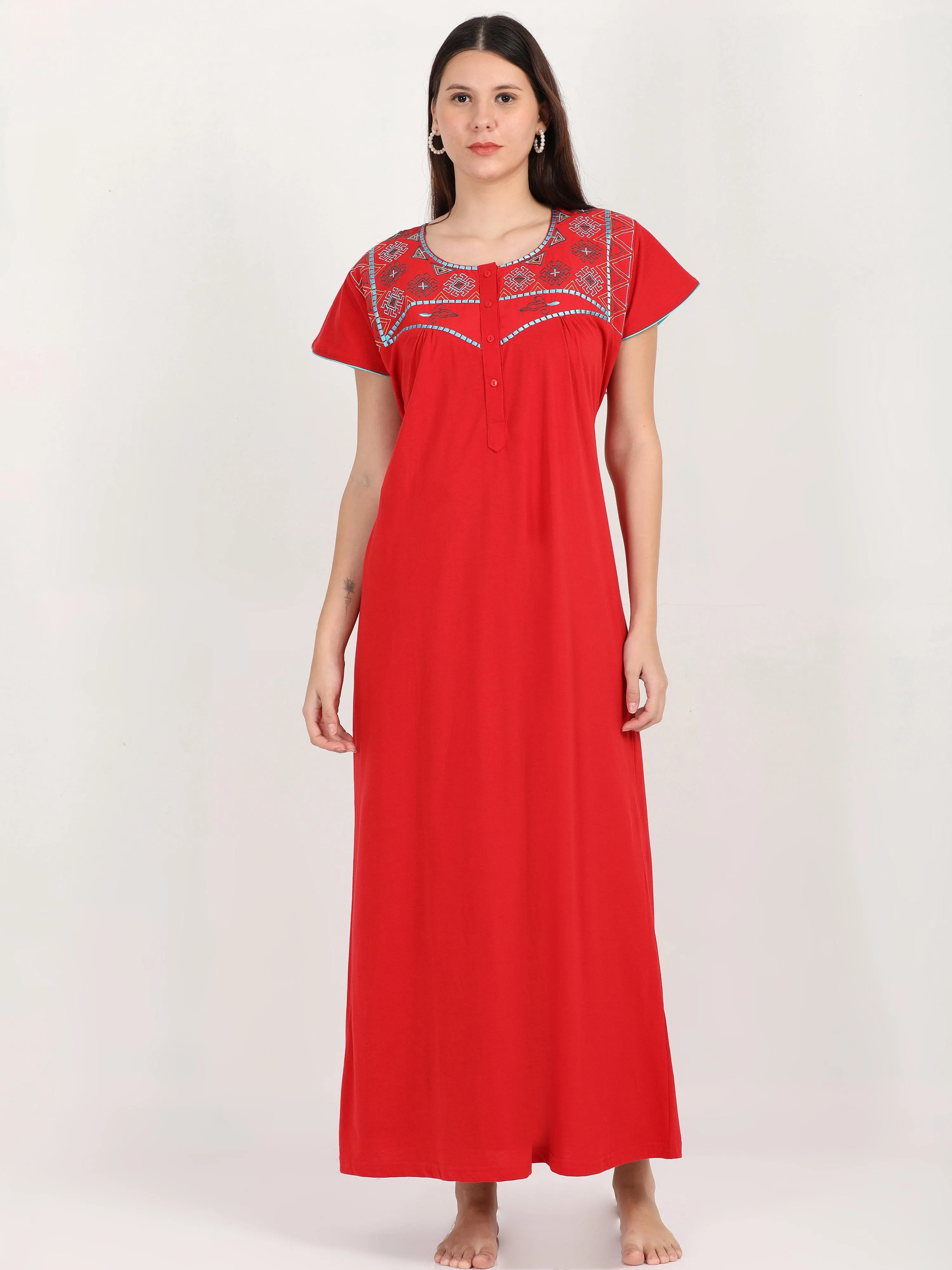 Cotton Blend Designer Deep Red Nighty