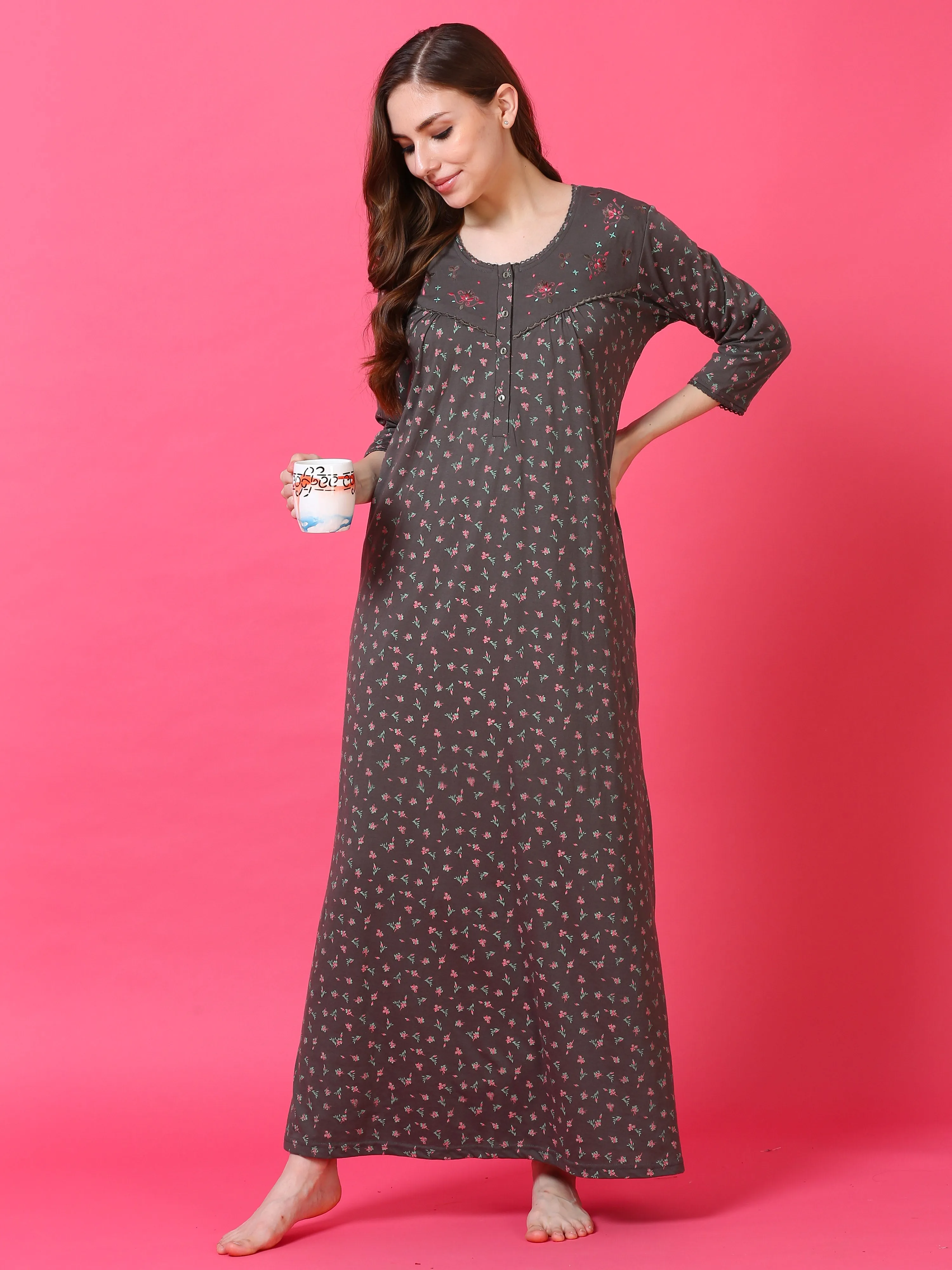 Cotton Blend Designer Maxi Nighty Dark Grey