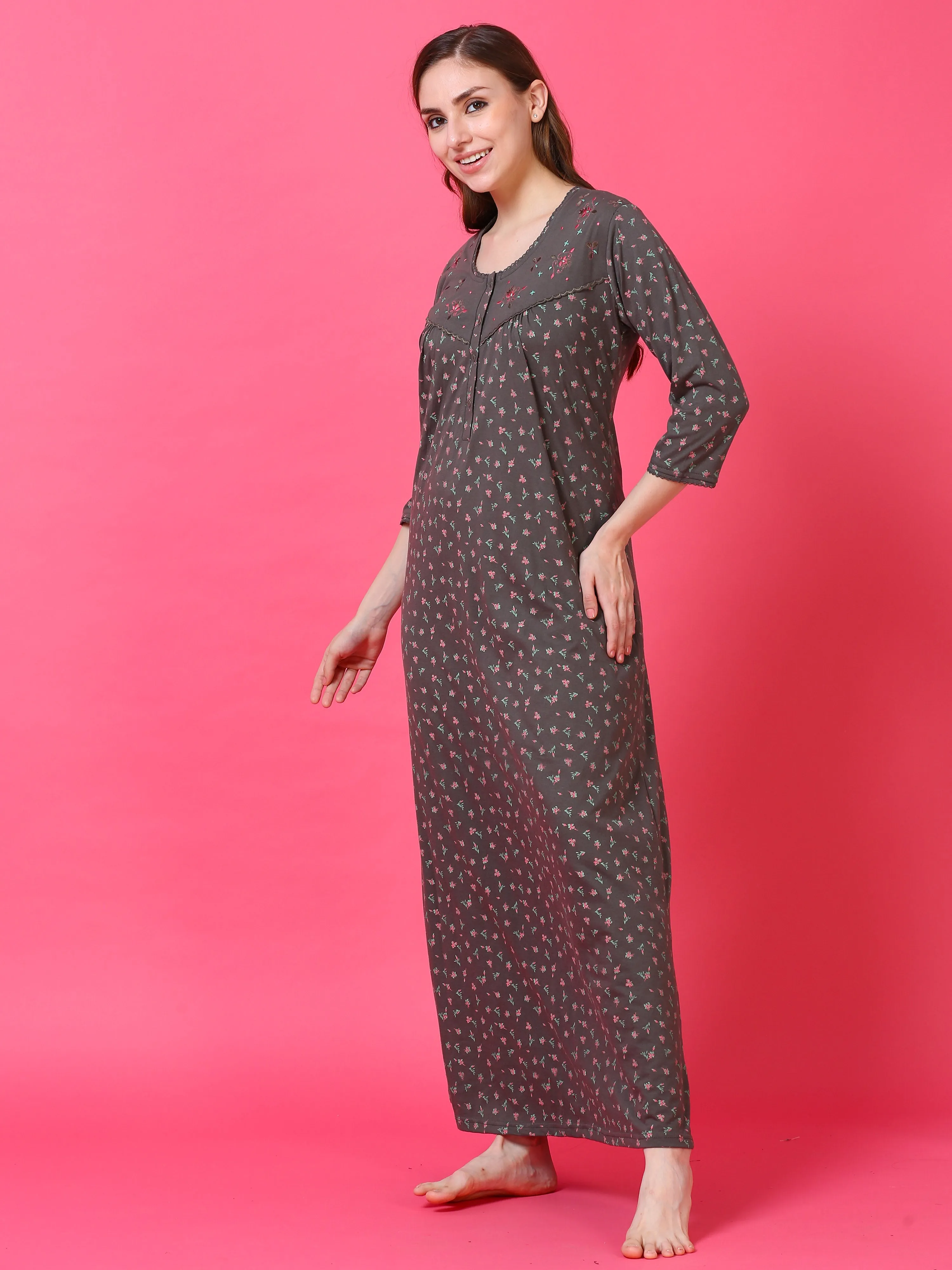 Cotton Blend Designer Maxi Nighty Dark Grey