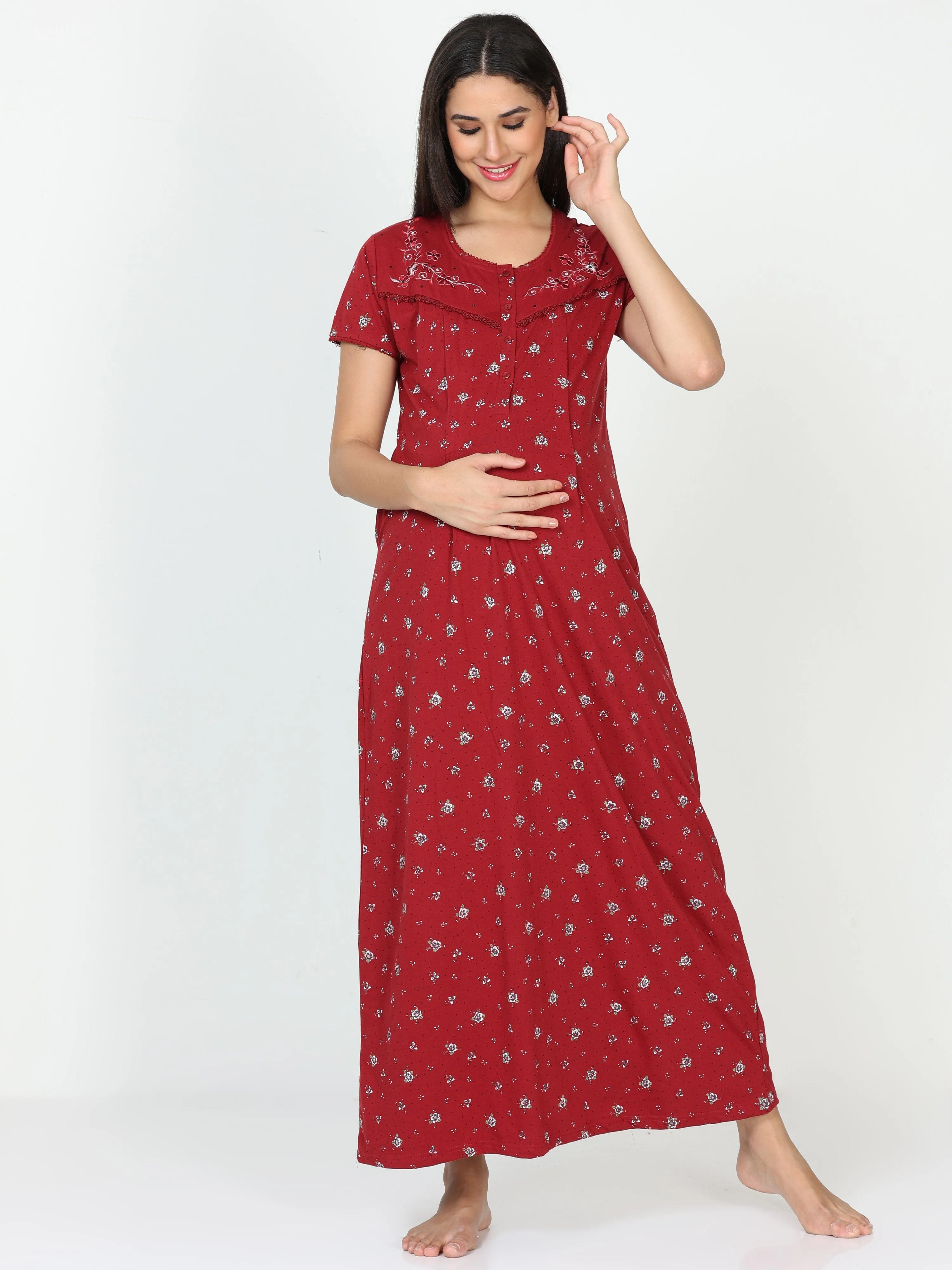 Cotton Blend Maternity Feeding Nighty Crimson Red