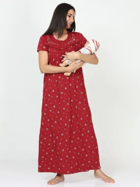 Cotton Blend Maternity Feeding Nighty Crimson Red