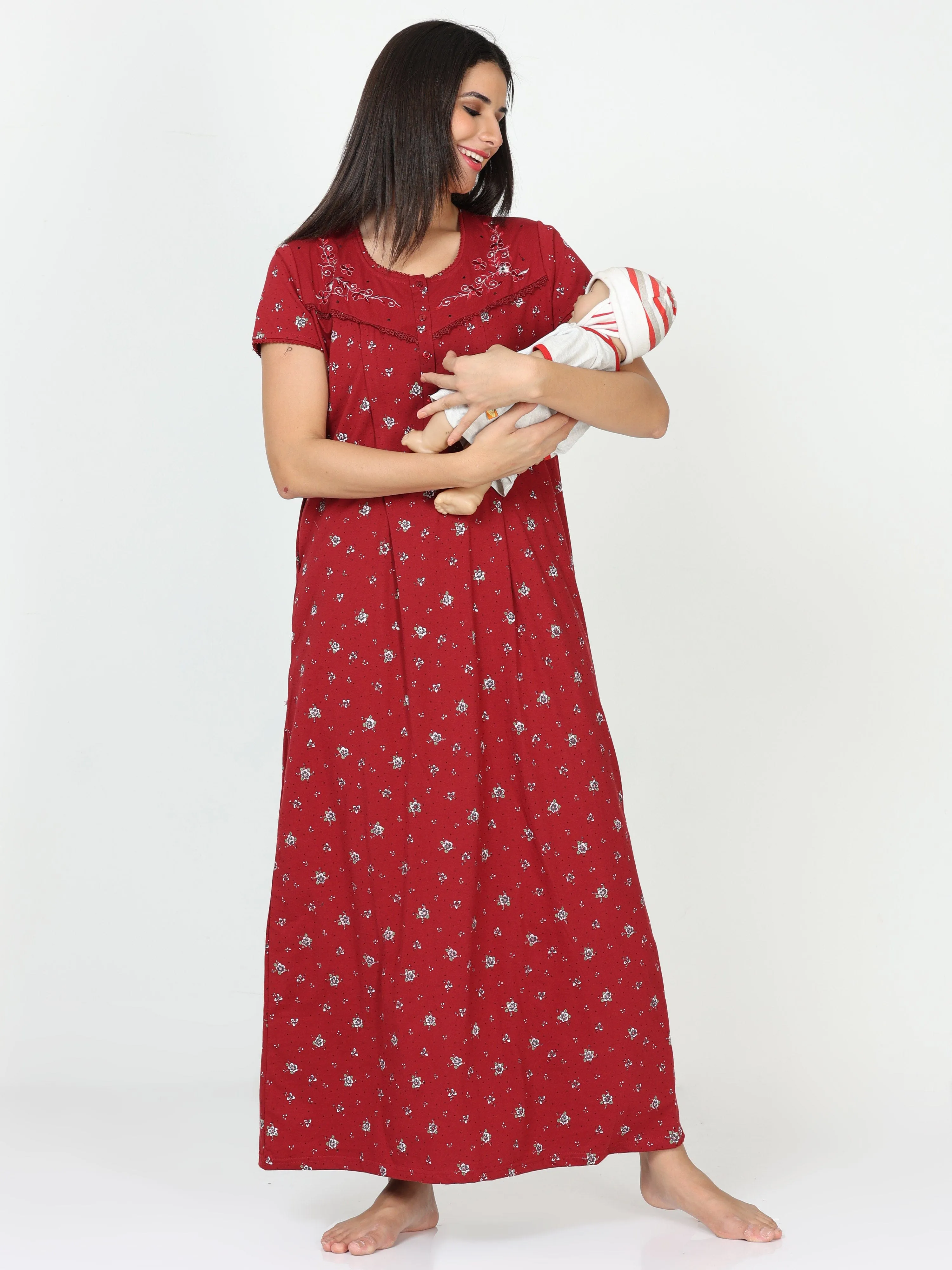 Cotton Blend Maternity Feeding Nighty Crimson Red