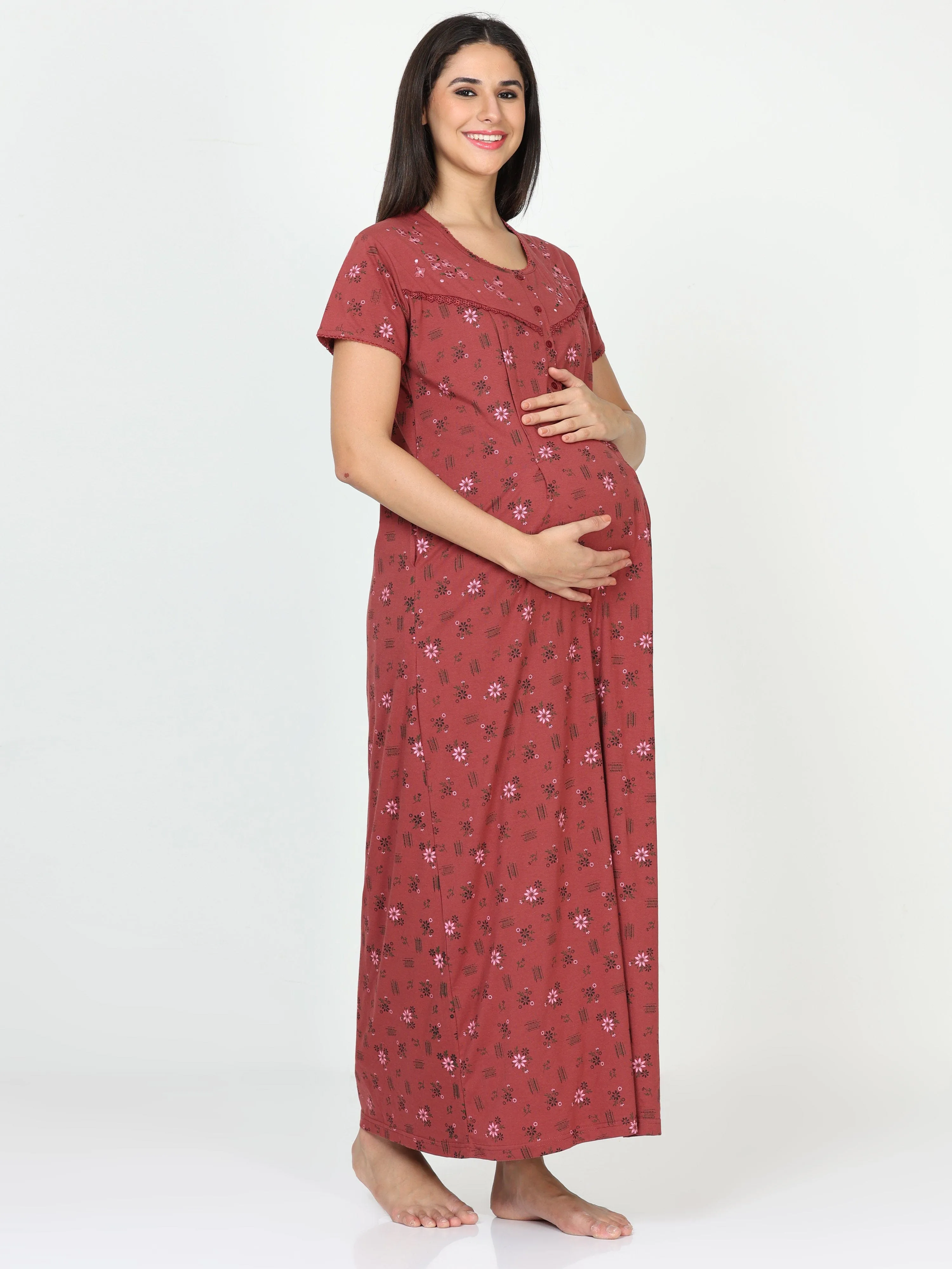 Cotton Blend Maternity Feeding Nighty Indian Red