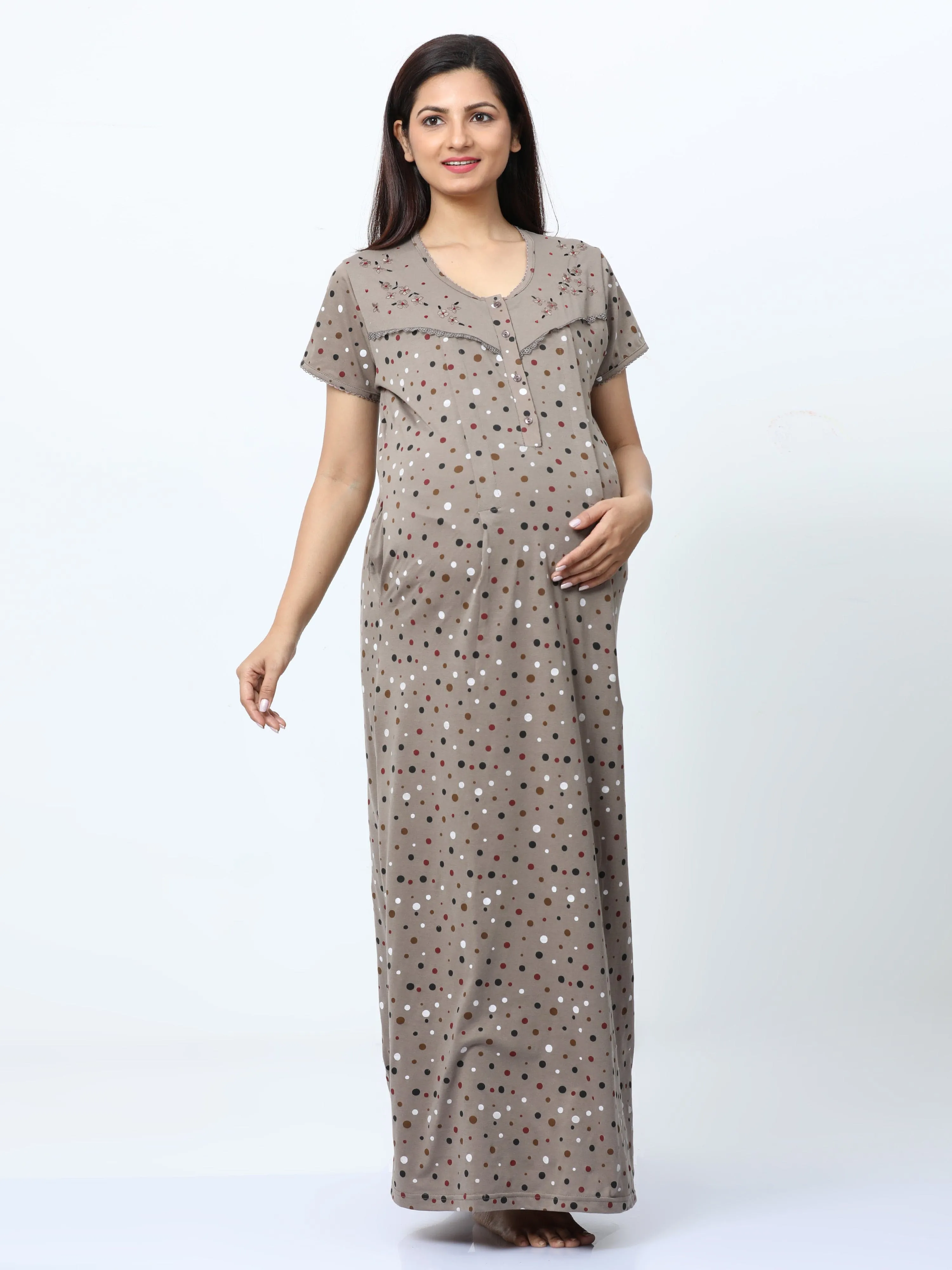 Cotton Blend Maternity Feeding Nighty Khaki