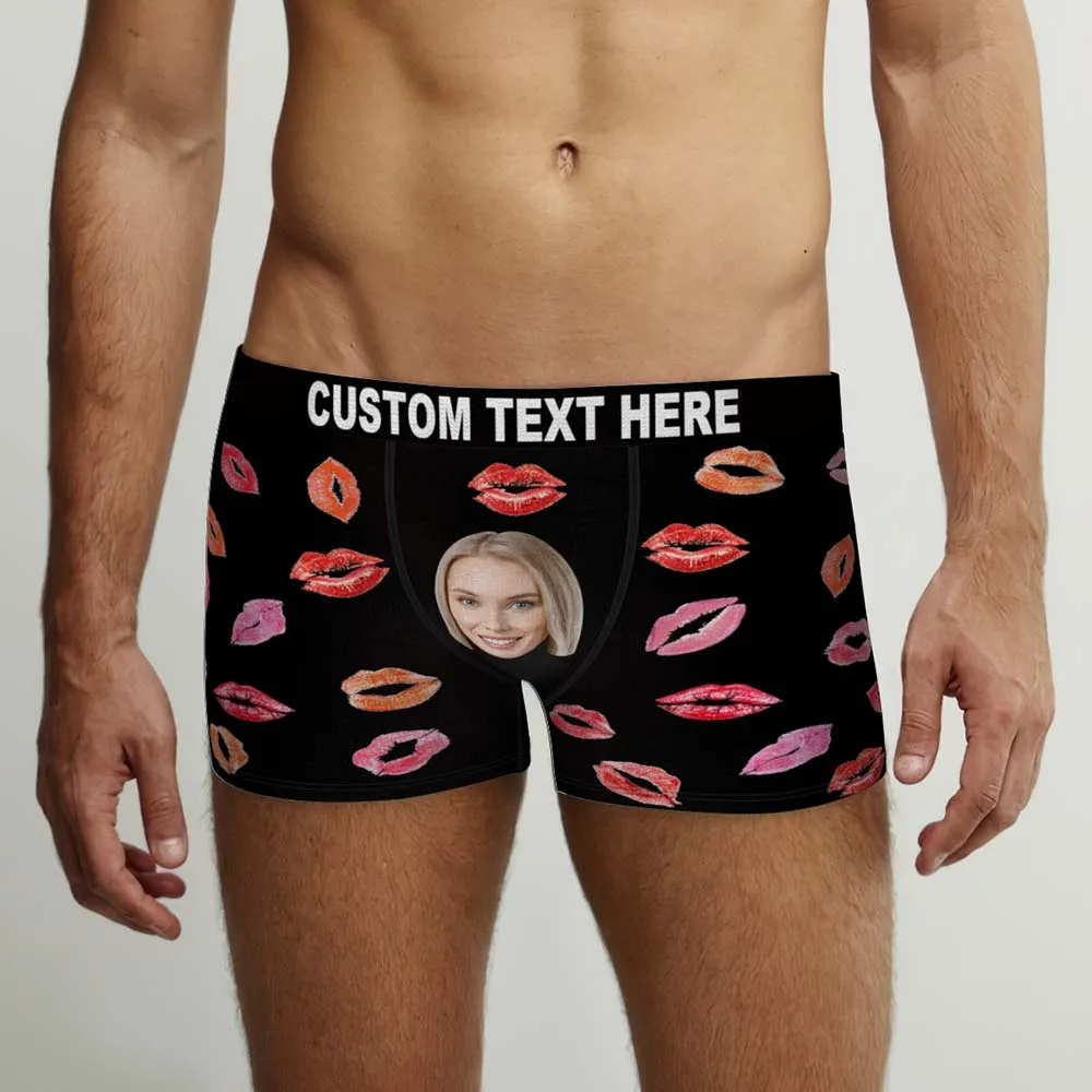 Custom Face Boxers Briefs Colorful Lipstick of Love Personalized Photo Underwear Gift for Him