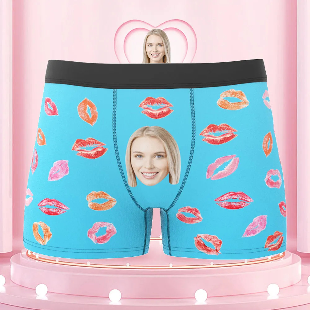 Custom Face Boxers Briefs Colorful Lipstick of Love Personalized Photo Underwear Gift for Him