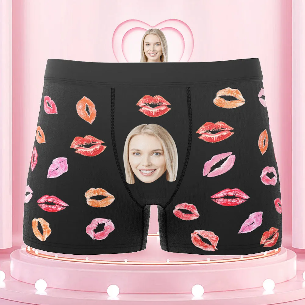 Custom Face Boxers Briefs Colorful Lipstick of Love Personalized Photo Underwear Gift for Him