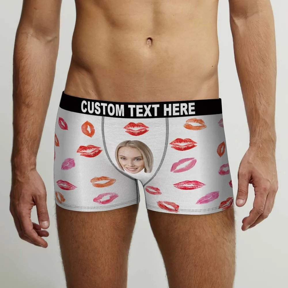 Custom Face Boxers Briefs Colorful Lipstick of Love Personalized Photo Underwear Gift for Him