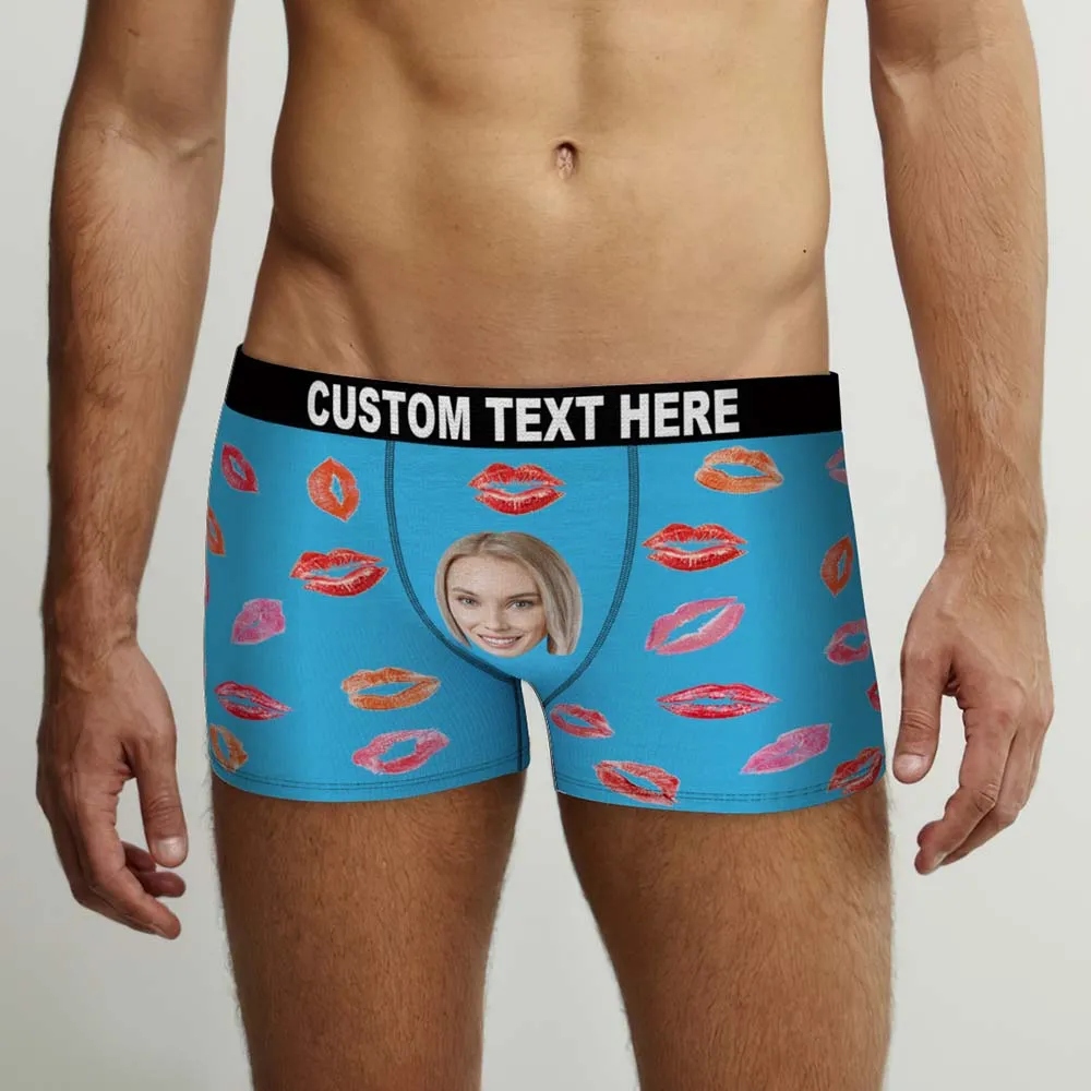 Custom Face Boxers Briefs Colorful Lipstick of Love Personalized Photo Underwear Gift for Him