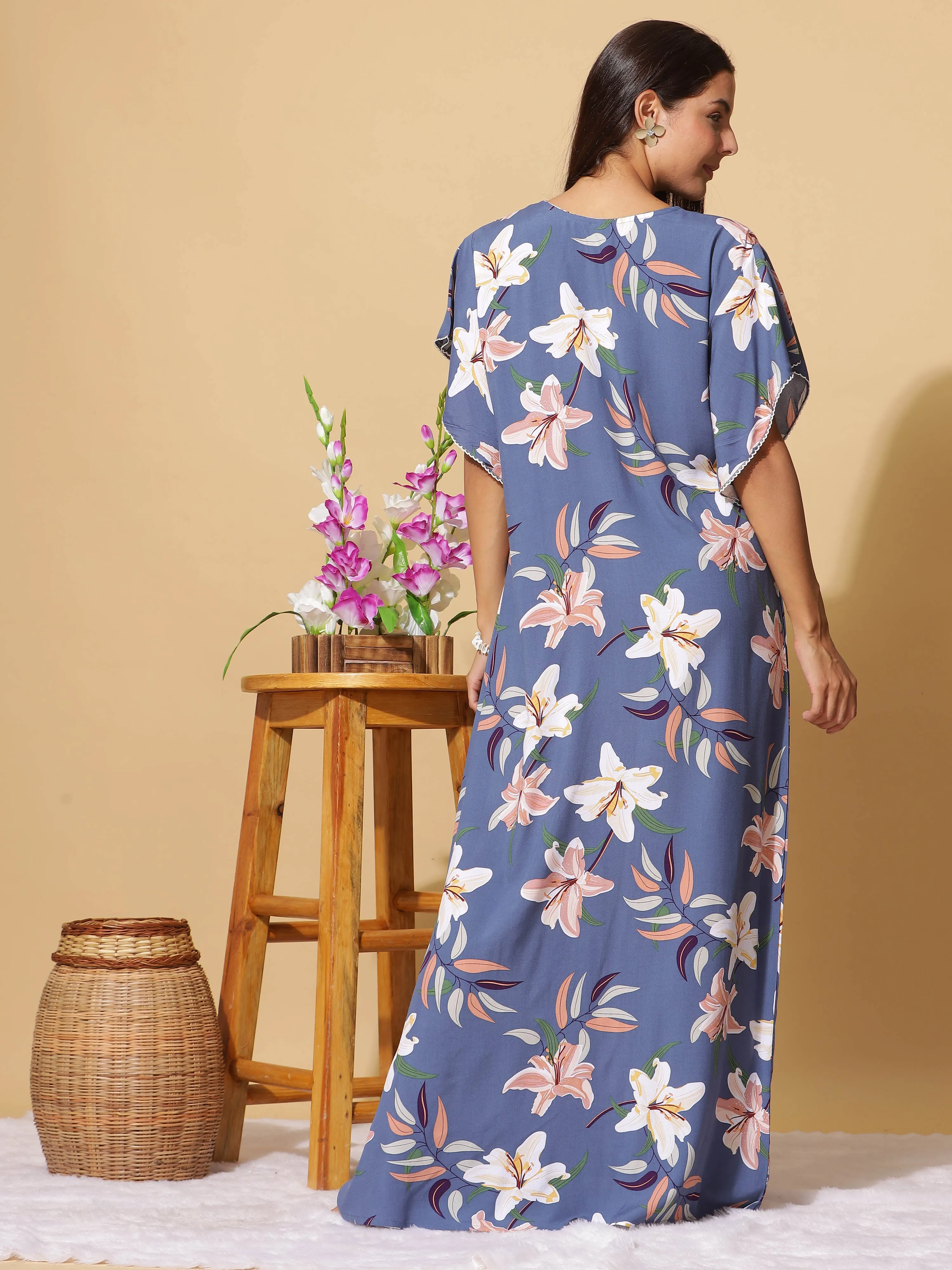 Denim Blue Rayon Designer Maxi Nighty