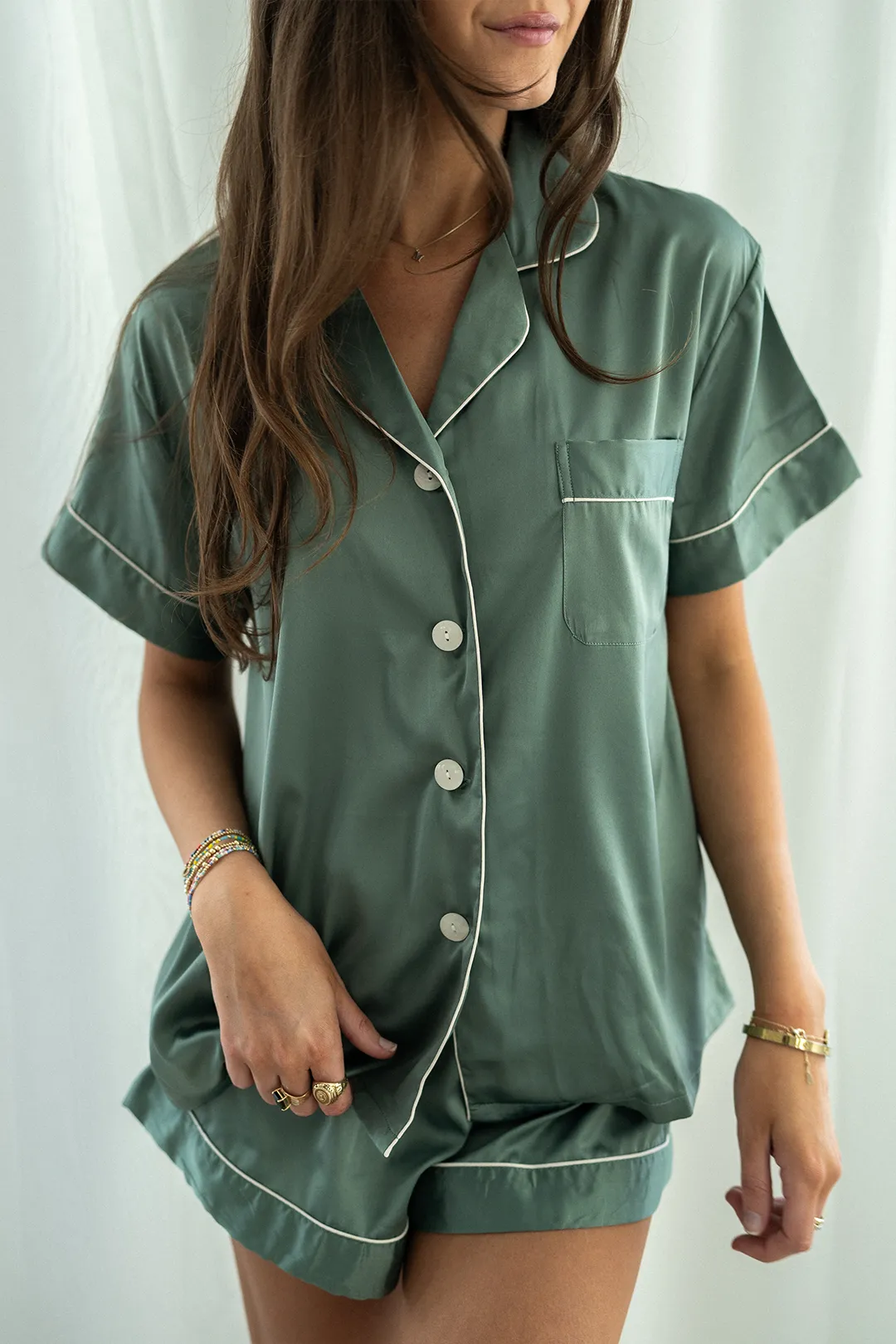 Luxurious Eucalyptus Green Satin Pajama Shorts Set for Ultimate Comfort and Style