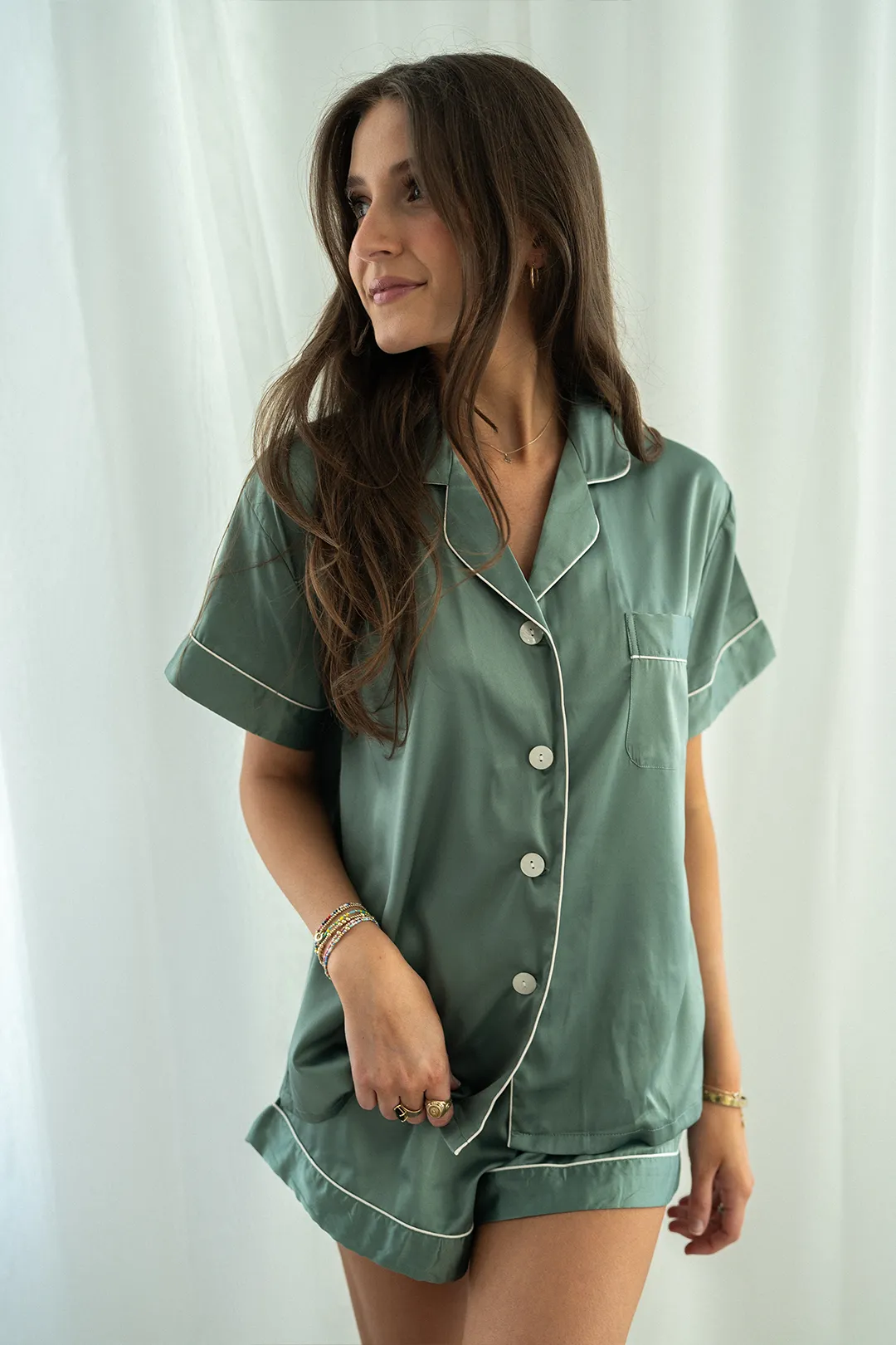 Luxurious Eucalyptus Green Satin Pajama Shorts Set for Ultimate Comfort and Style