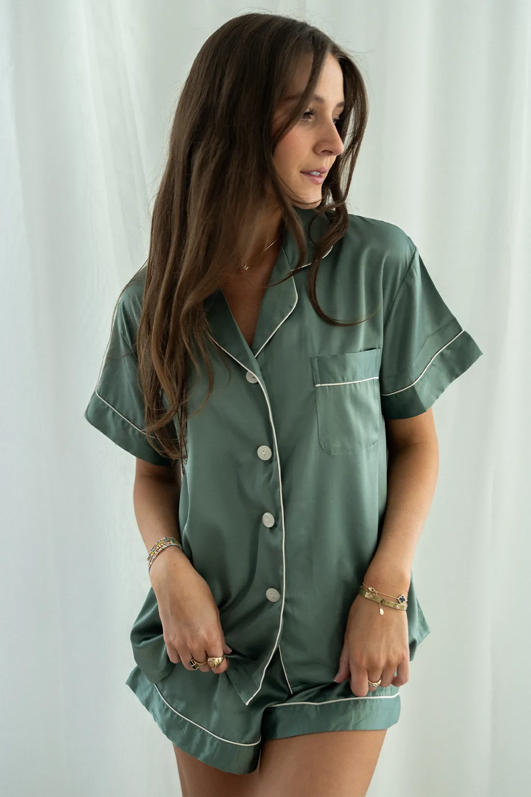 Luxurious Eucalyptus Green Satin Pajama Shorts Set for Ultimate Comfort and Style