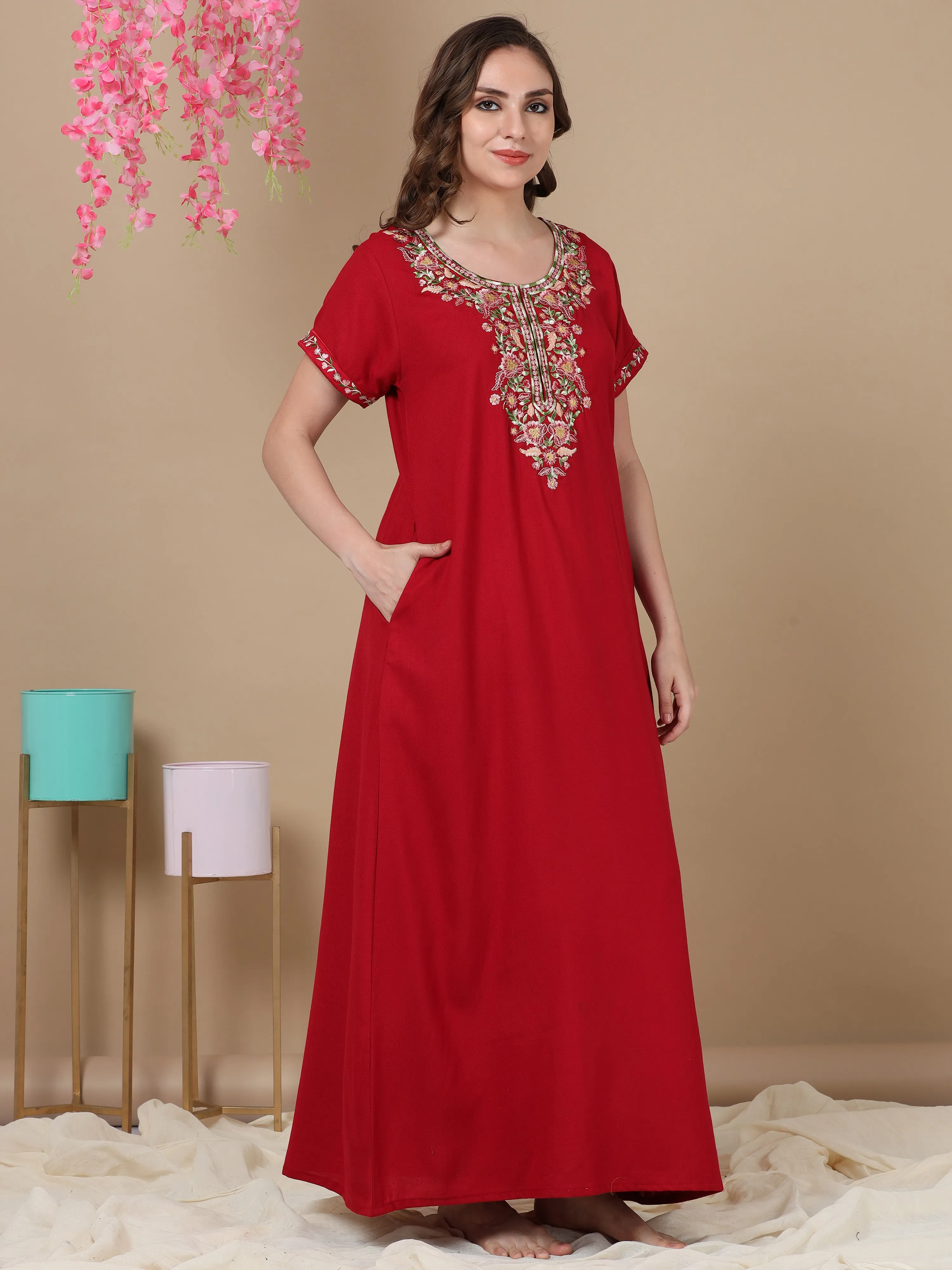 Finest Embroidery Fancy Maroon Alpine Designer Nighty