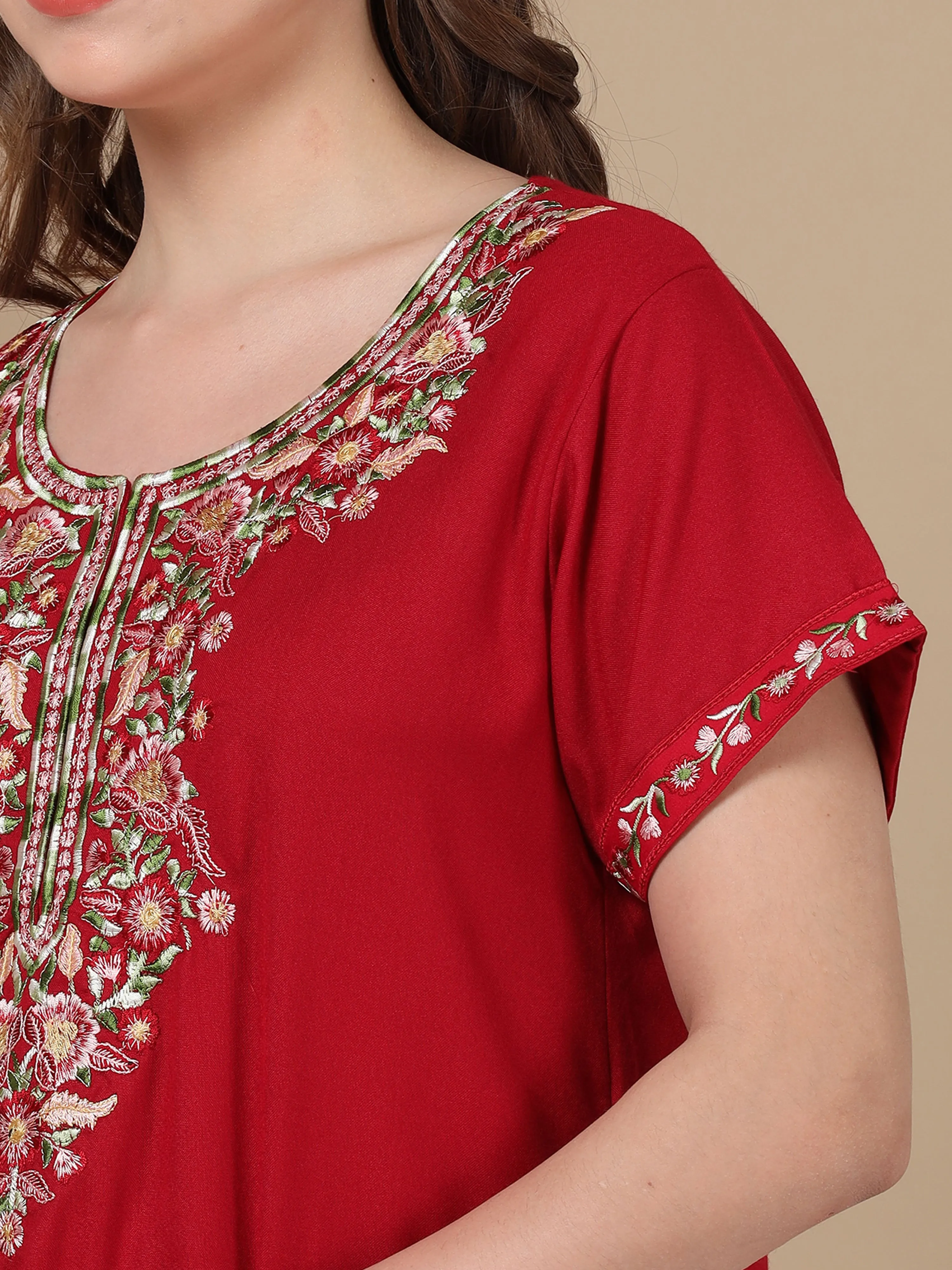 Finest Embroidery Fancy Maroon Alpine Designer Nighty