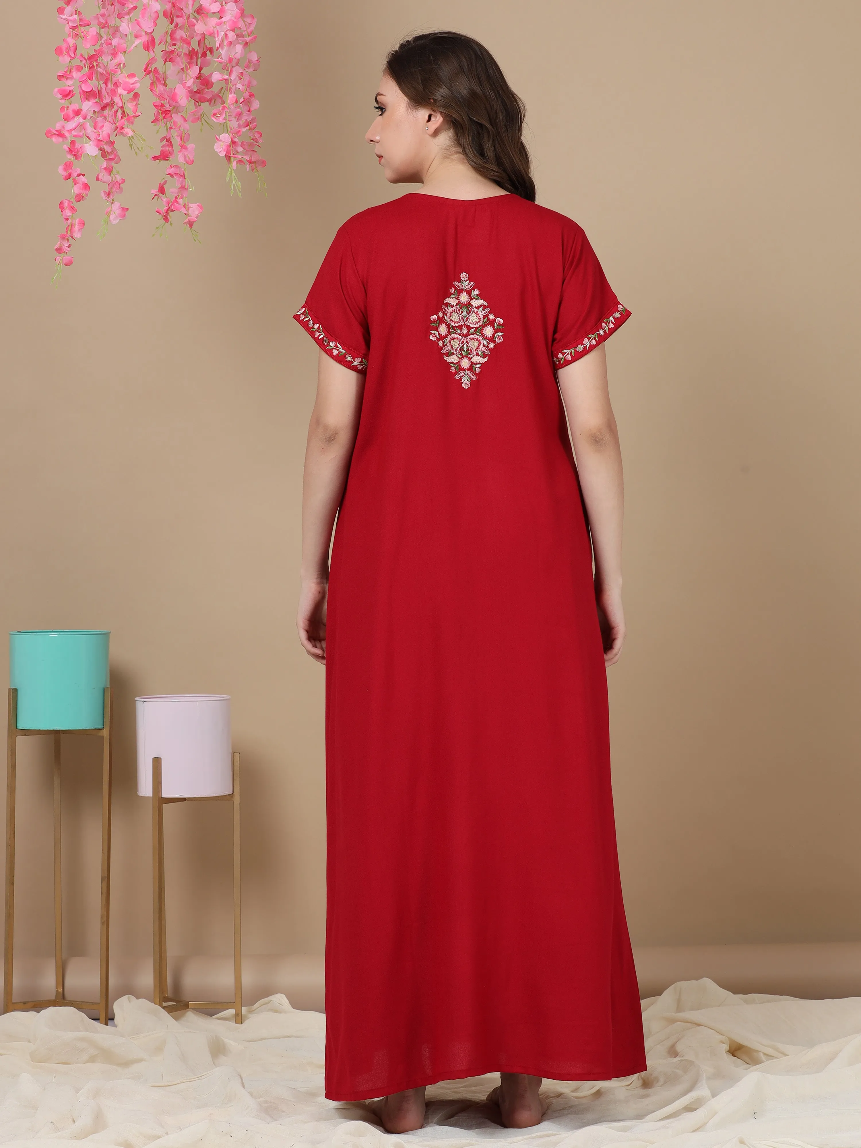 Finest Embroidery Fancy Maroon Alpine Designer Nighty