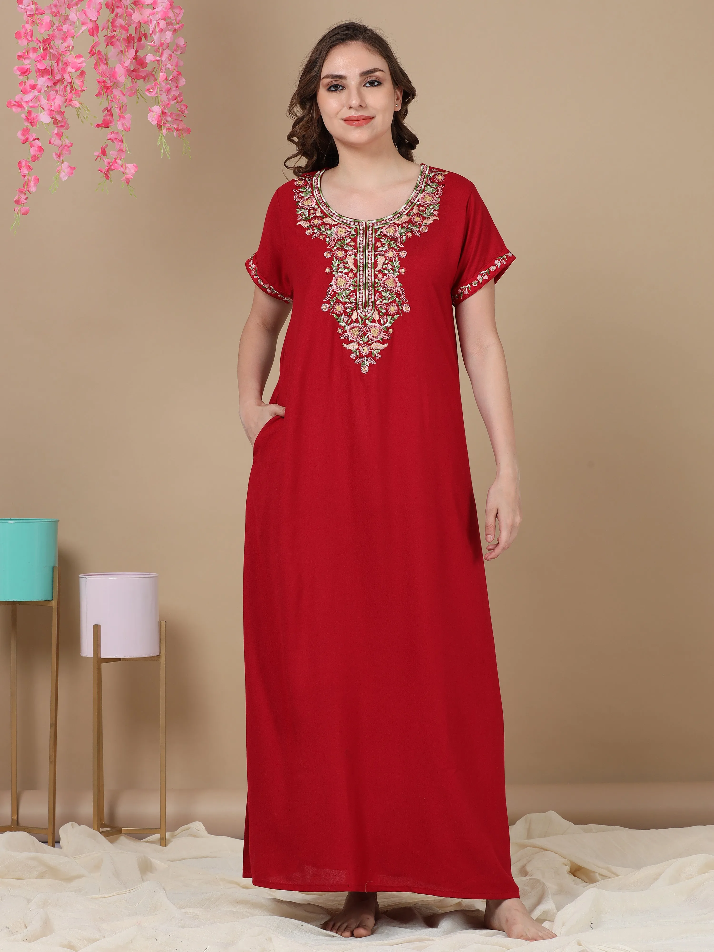 Finest Embroidery Fancy Maroon Alpine Designer Nighty