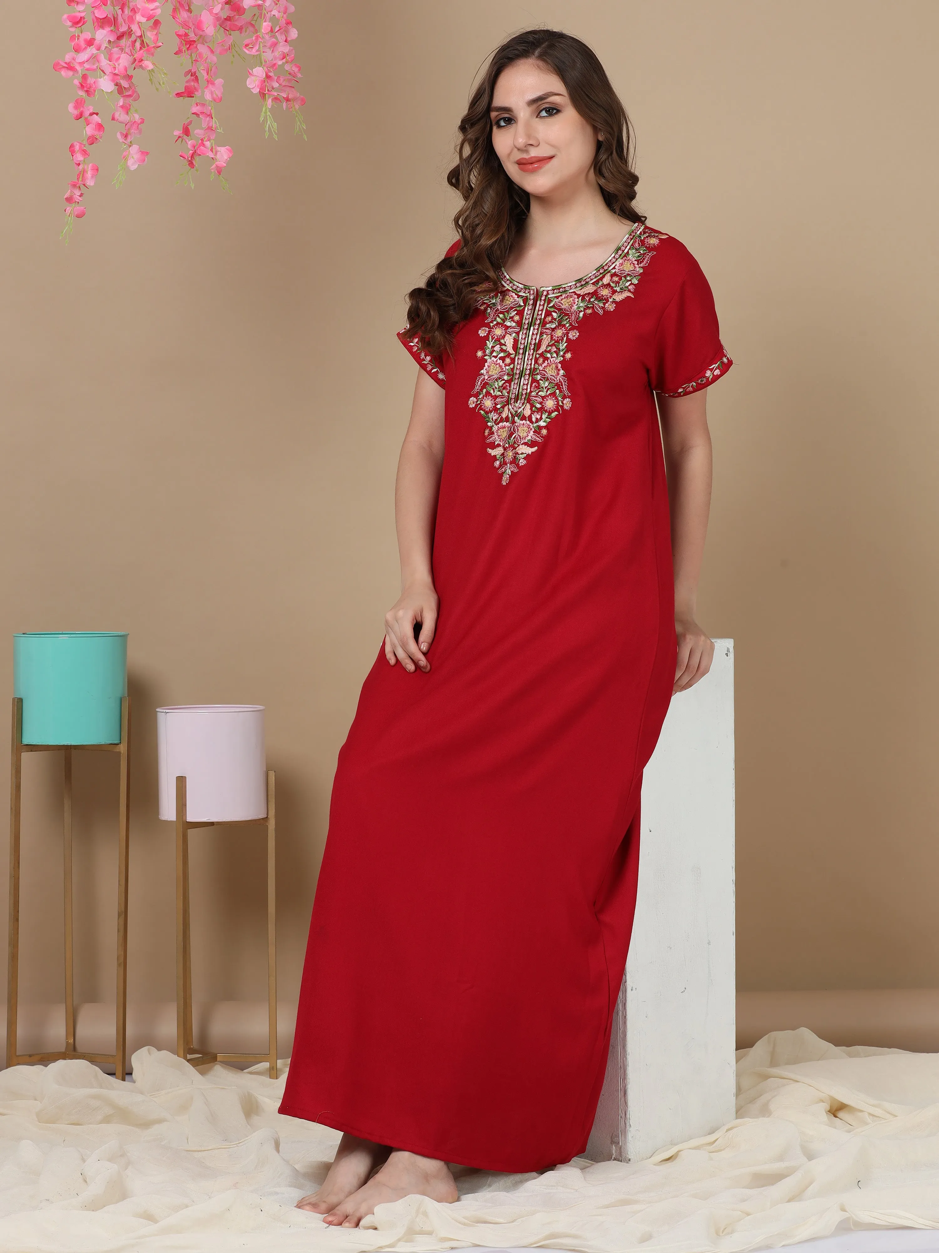 Finest Embroidery Fancy Maroon Alpine Designer Nighty