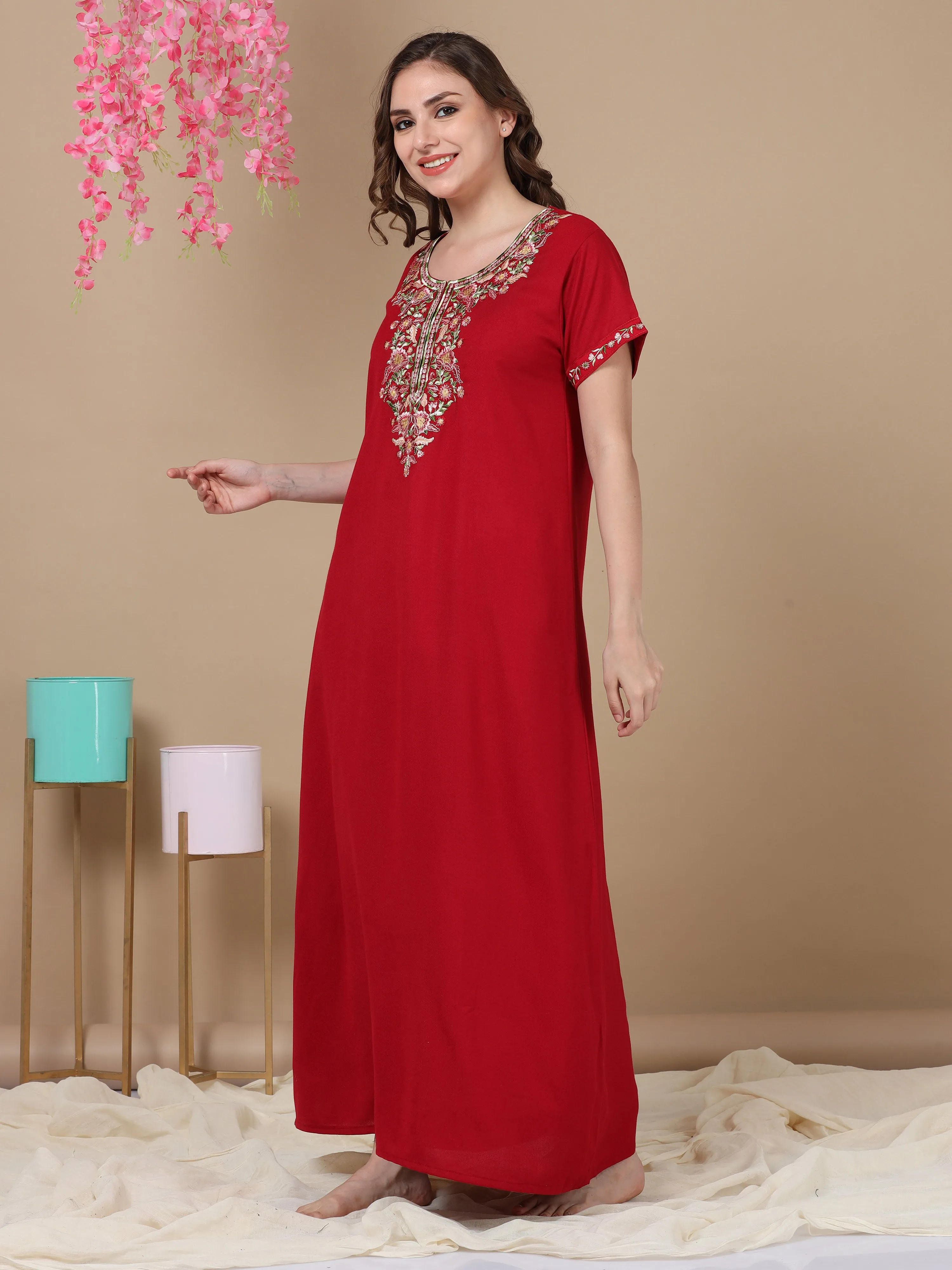 Finest Embroidery Fancy Maroon Alpine Designer Nighty