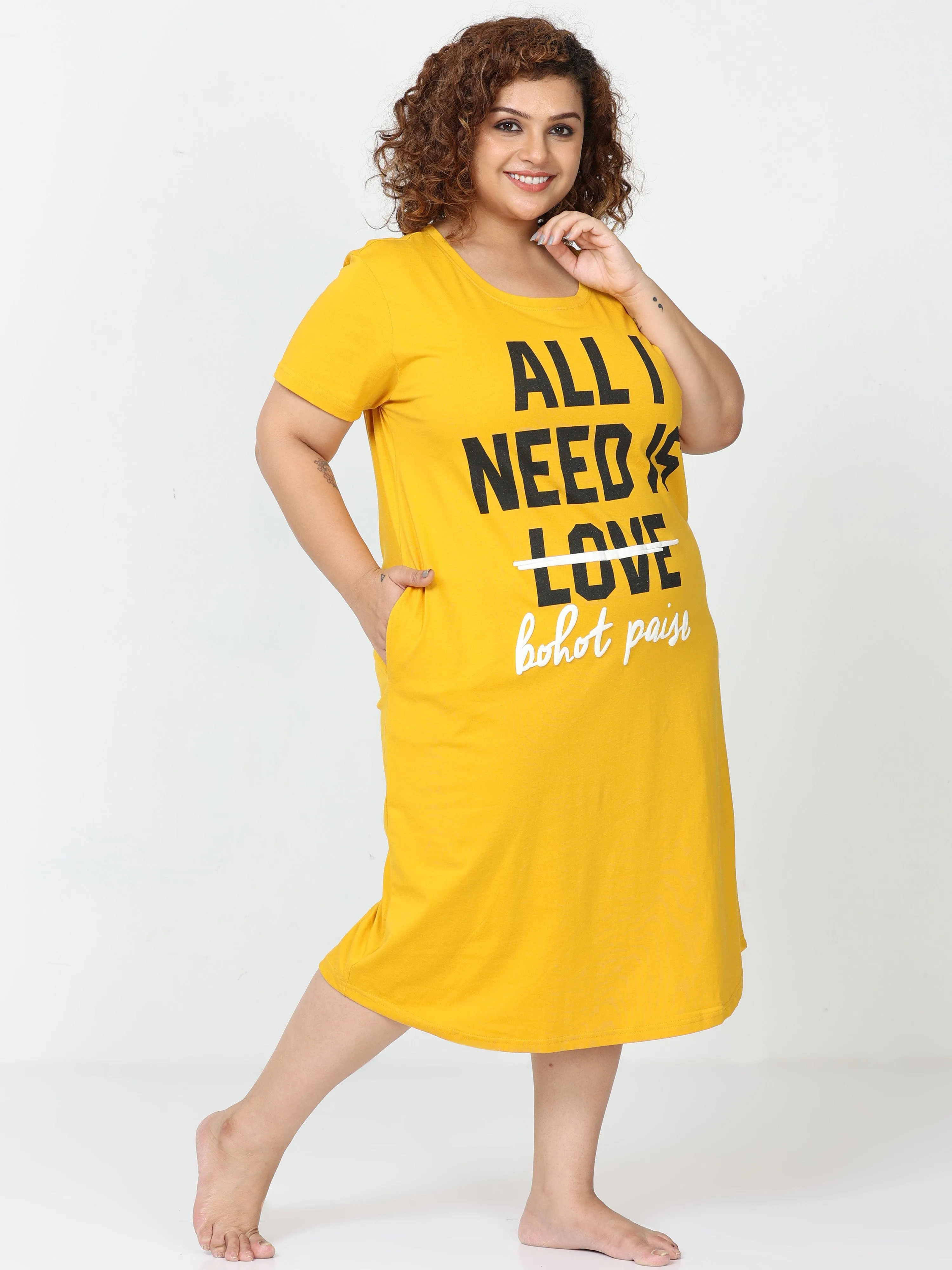 Fire Yellow Hosiery Cotton Short Nighty Plus Size