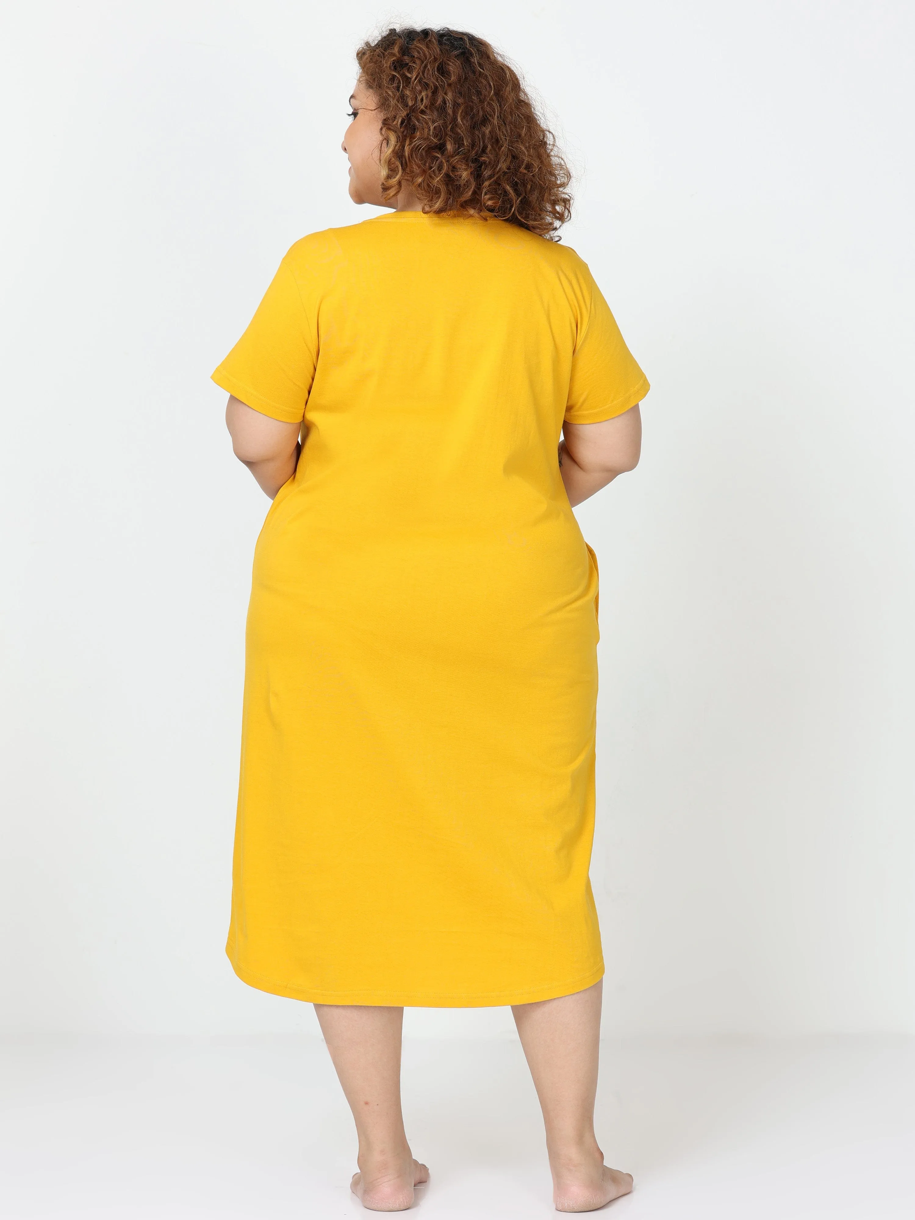 Fire Yellow Hosiery Cotton Short Nighty Plus Size