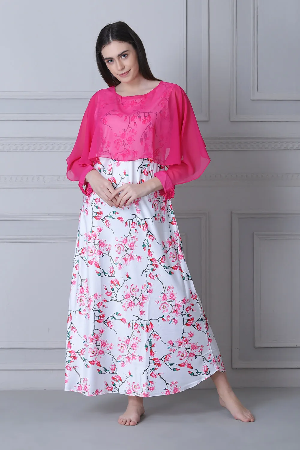 White and Pink Floral Print Satin Nightgown with Chiffon Cape