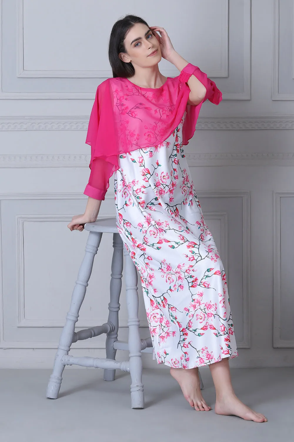 White and Pink Floral Print Satin Nightgown with Chiffon Cape