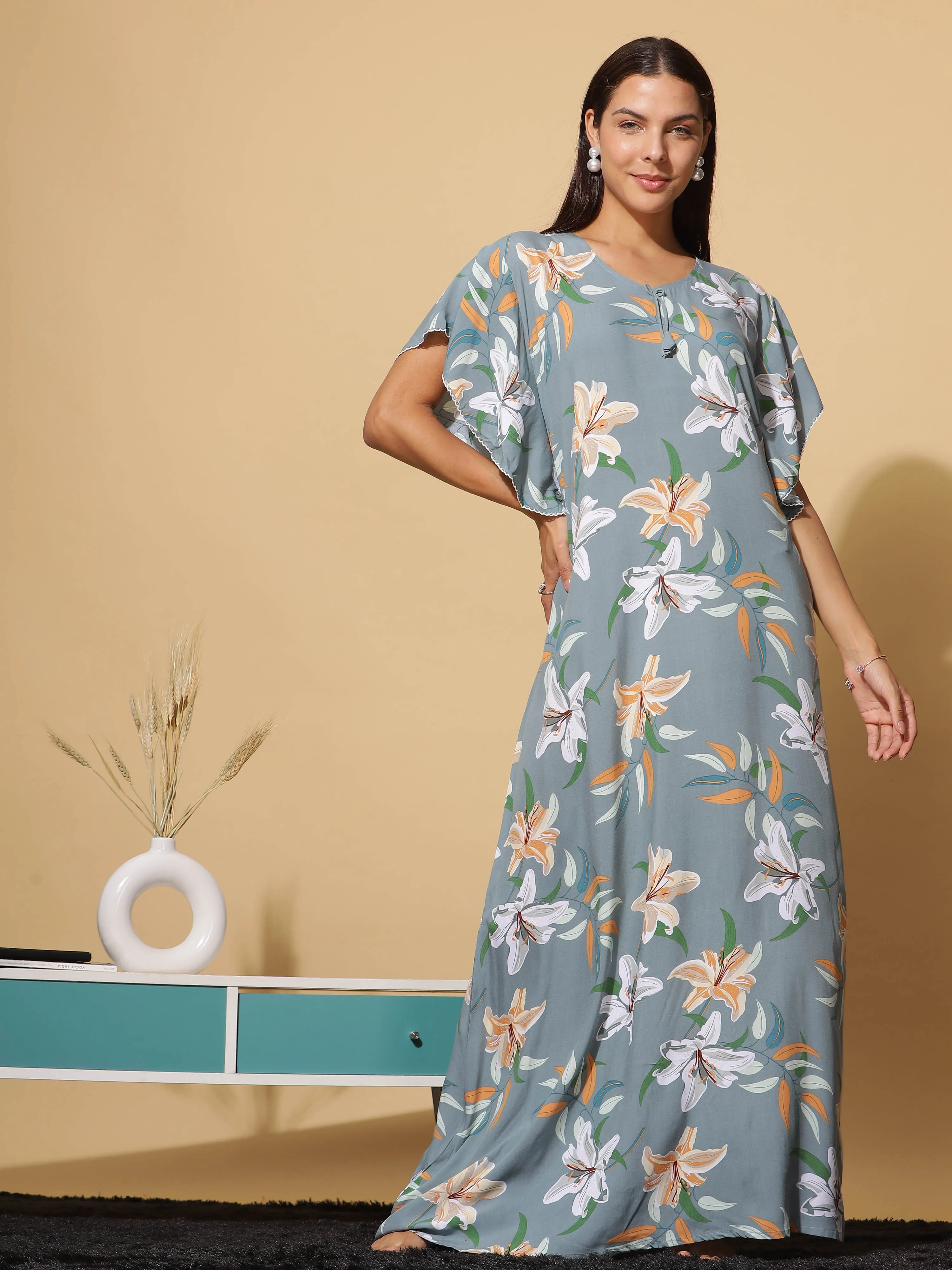 Green Grey Rayon Designer Maxi Nighty