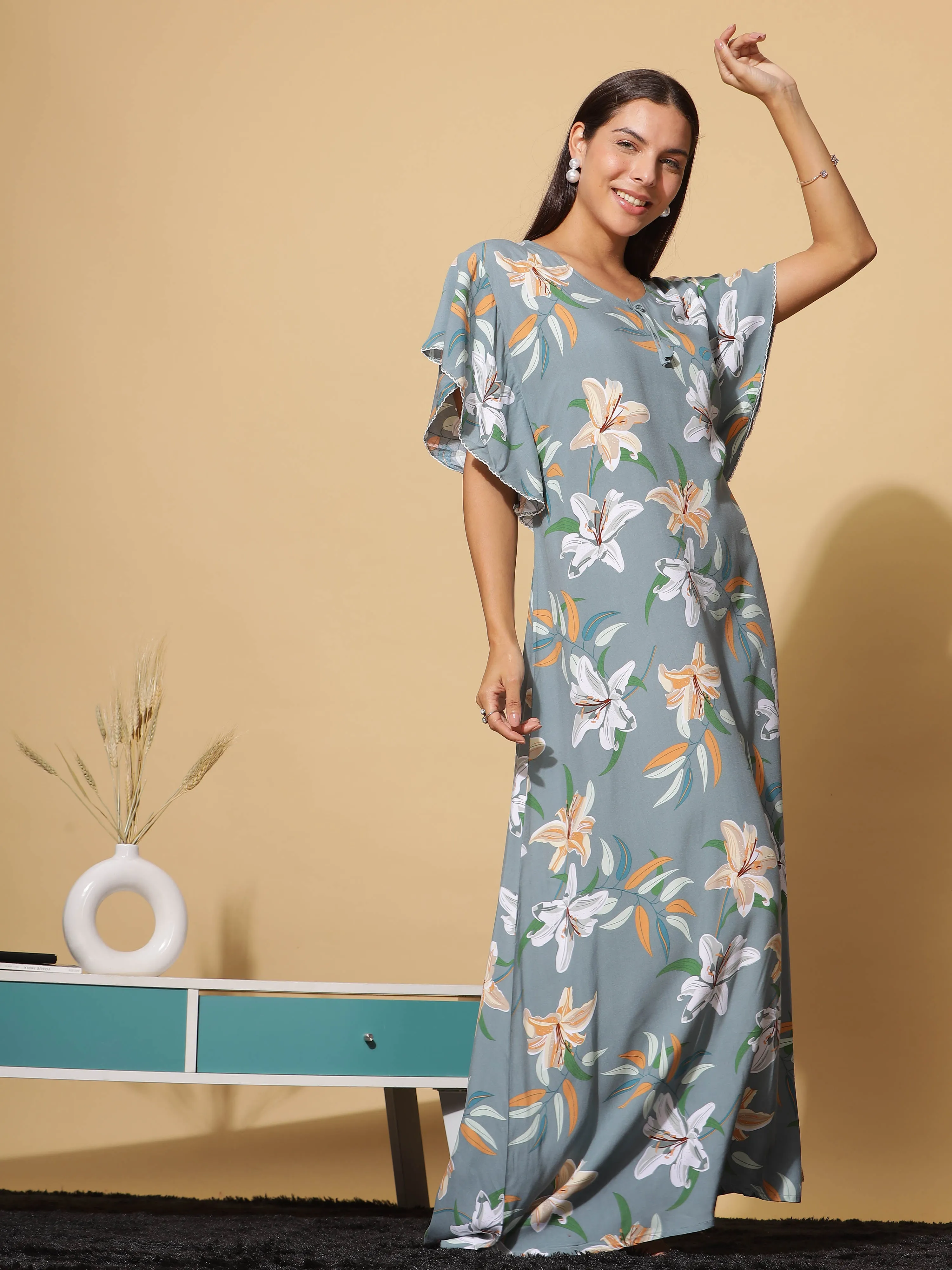 Green Grey Rayon Designer Maxi Nighty