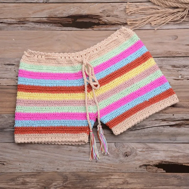 Handmade Stretch Color Striped Bikini Boxers Hollow Out Cutout Shorts