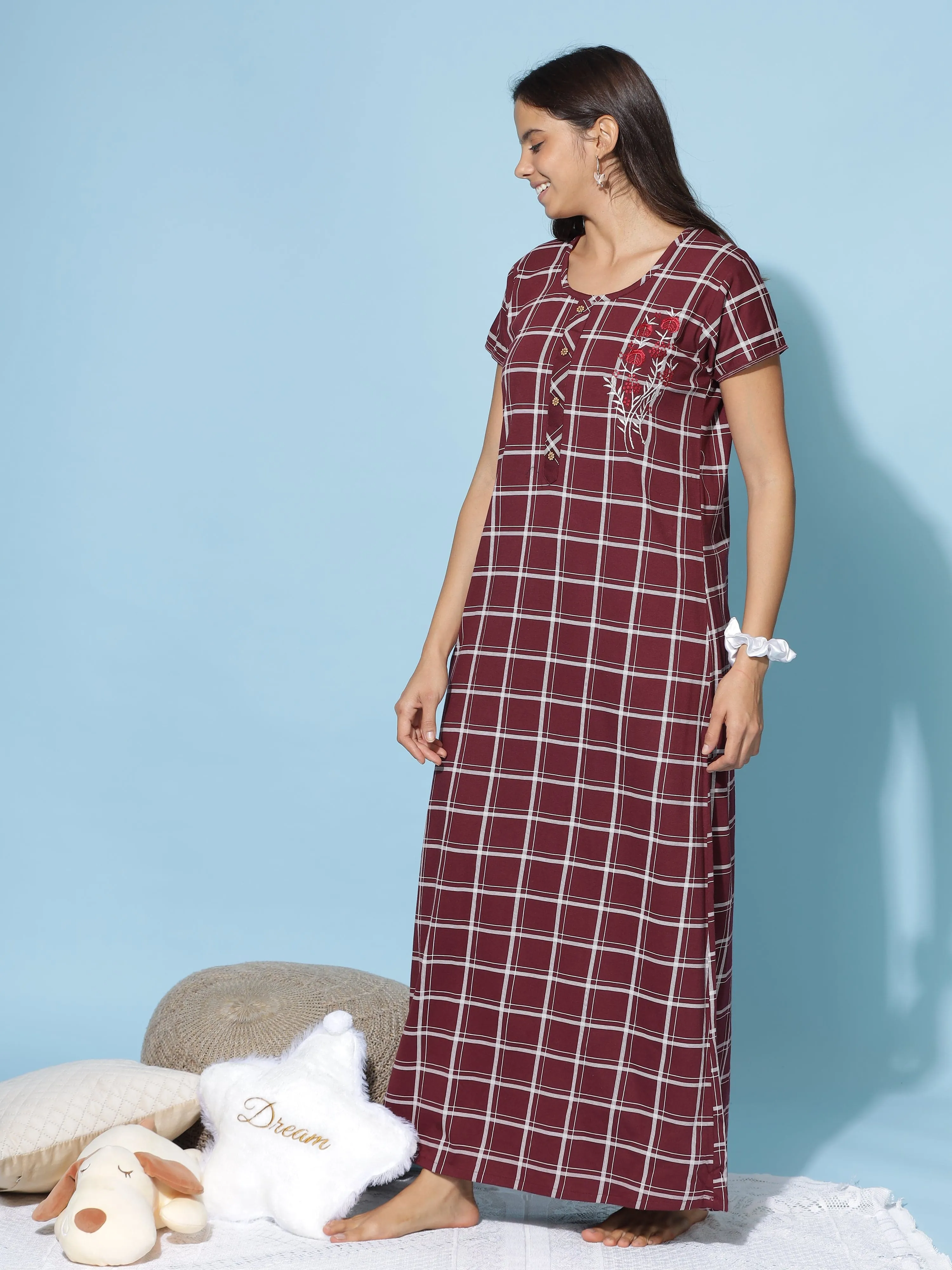 Hosiery Cotton Designer Maroon Nighty