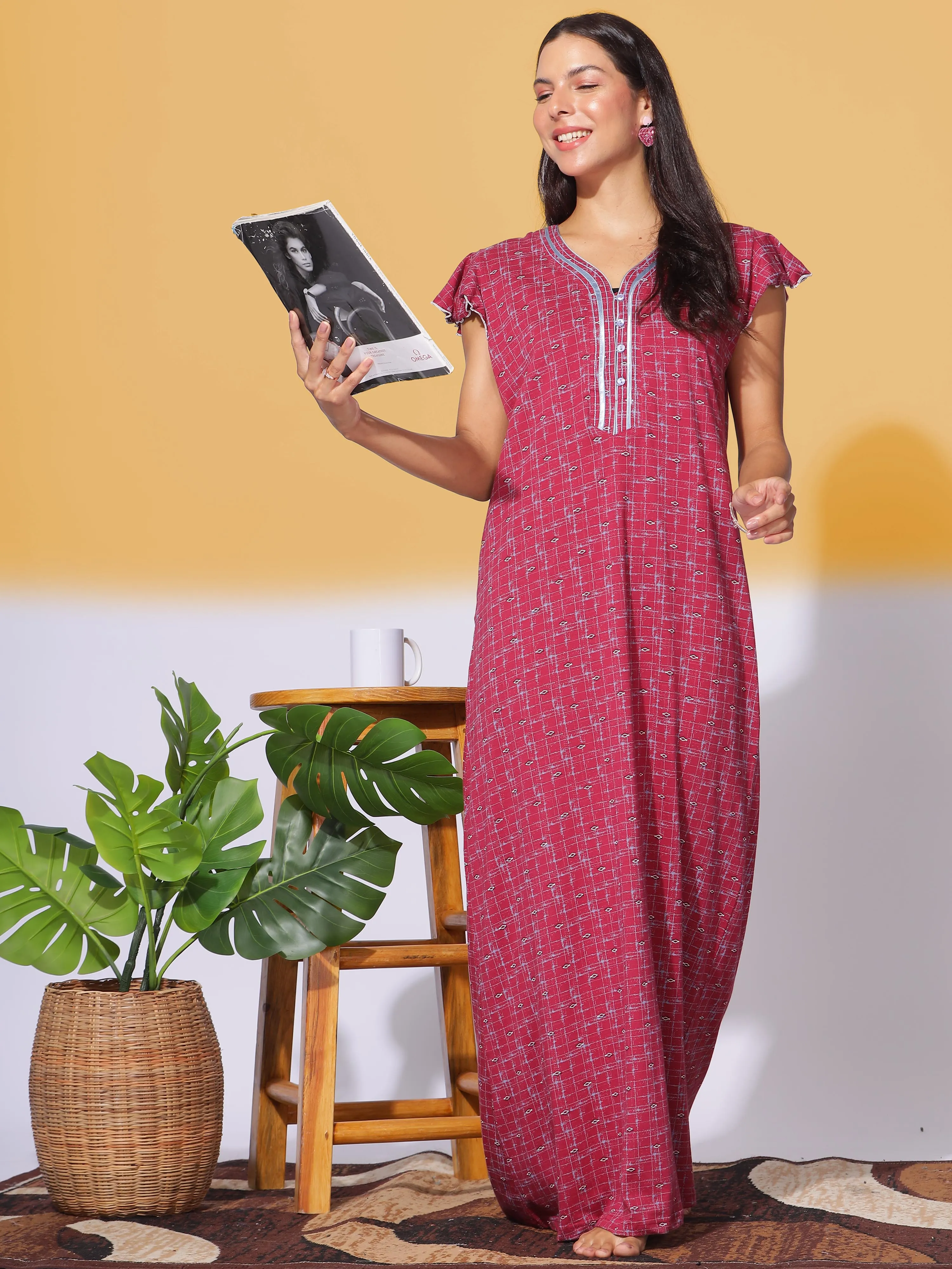 Designer Hosiery Cotton Maxi Nighty in Red